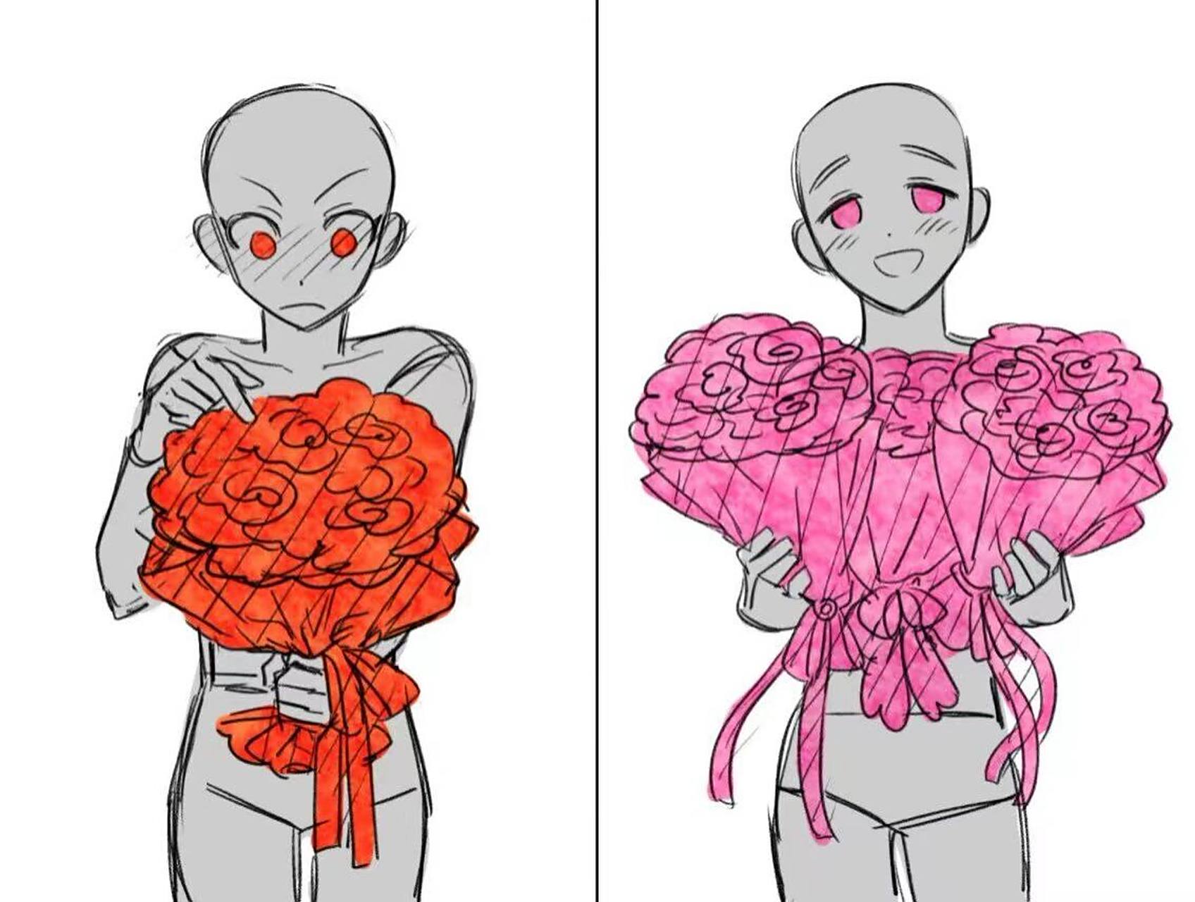 情侣双人组合线稿模板 我抱着你送的玫瑰花95