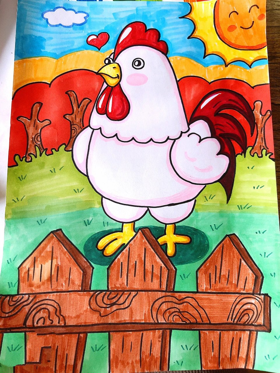儿童画——《大公鸡》 农场里的大公鸡,远近高低的层次感,栅栏上简单