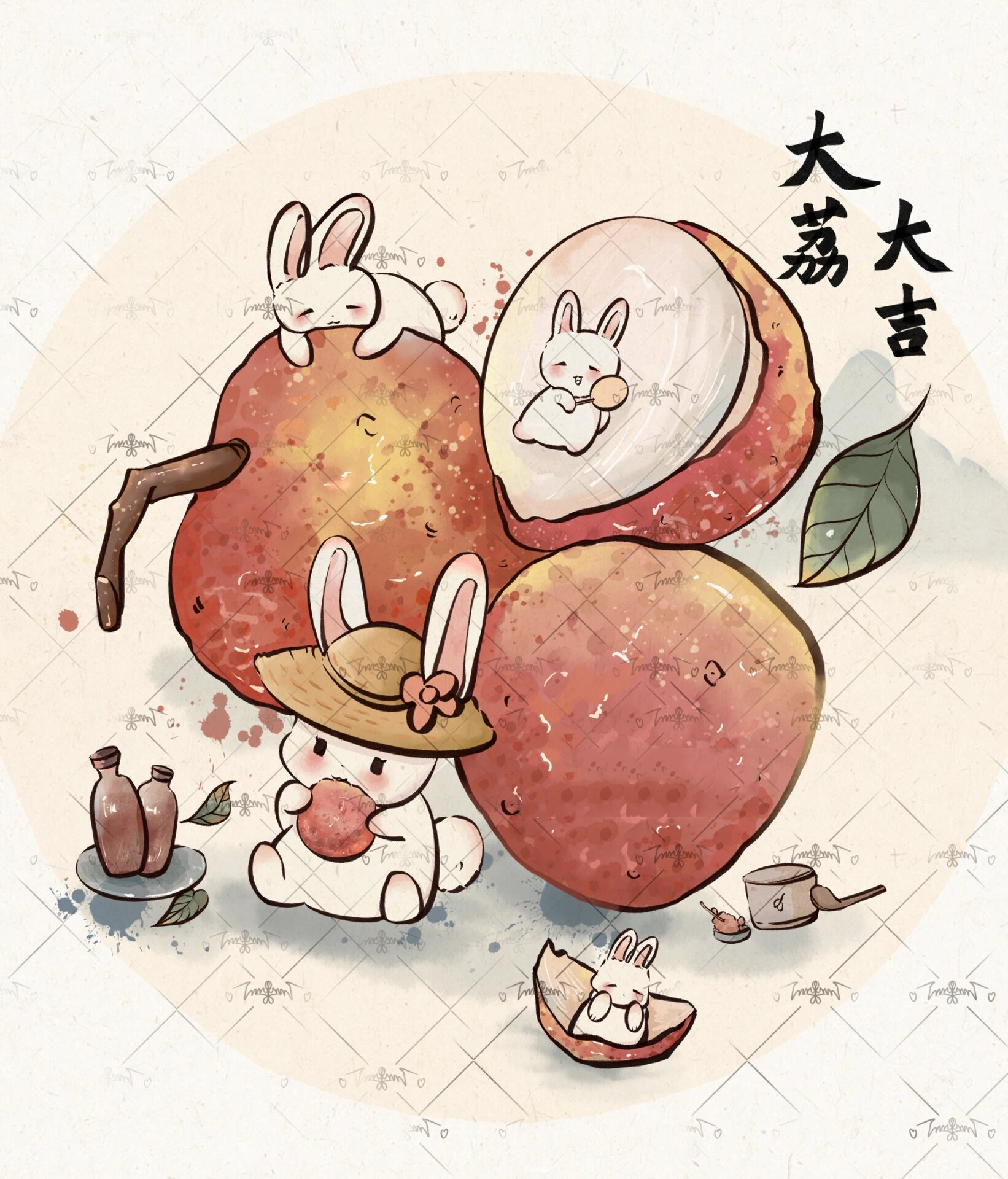 原创国风商用插画|可爱水果插画|荔枝