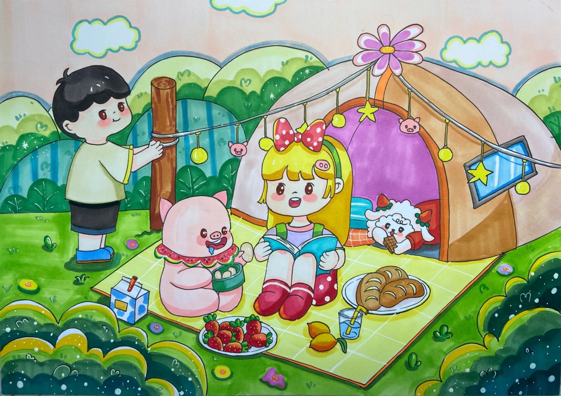 儿童画‖考级 『郊游,野餐,聚会』步骤图 临摹