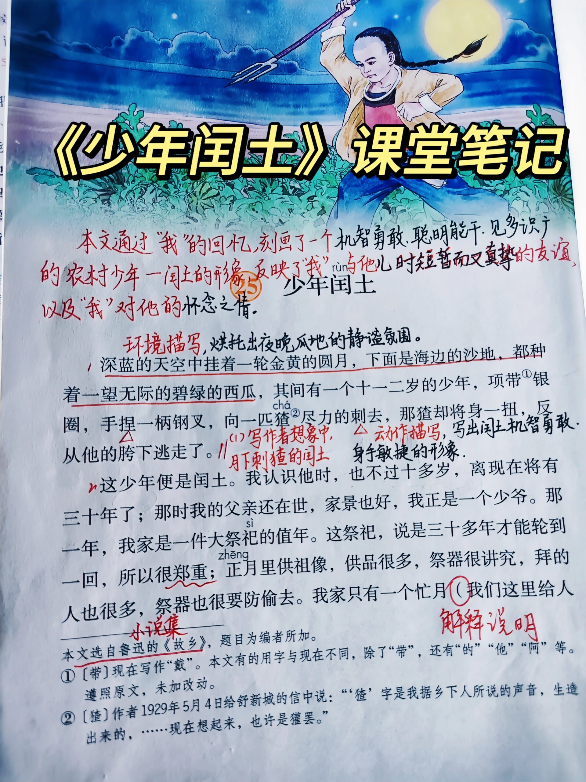 六上丨《少年闰土》课堂笔记✨食用说明:黑色笔记是要求学生记在书