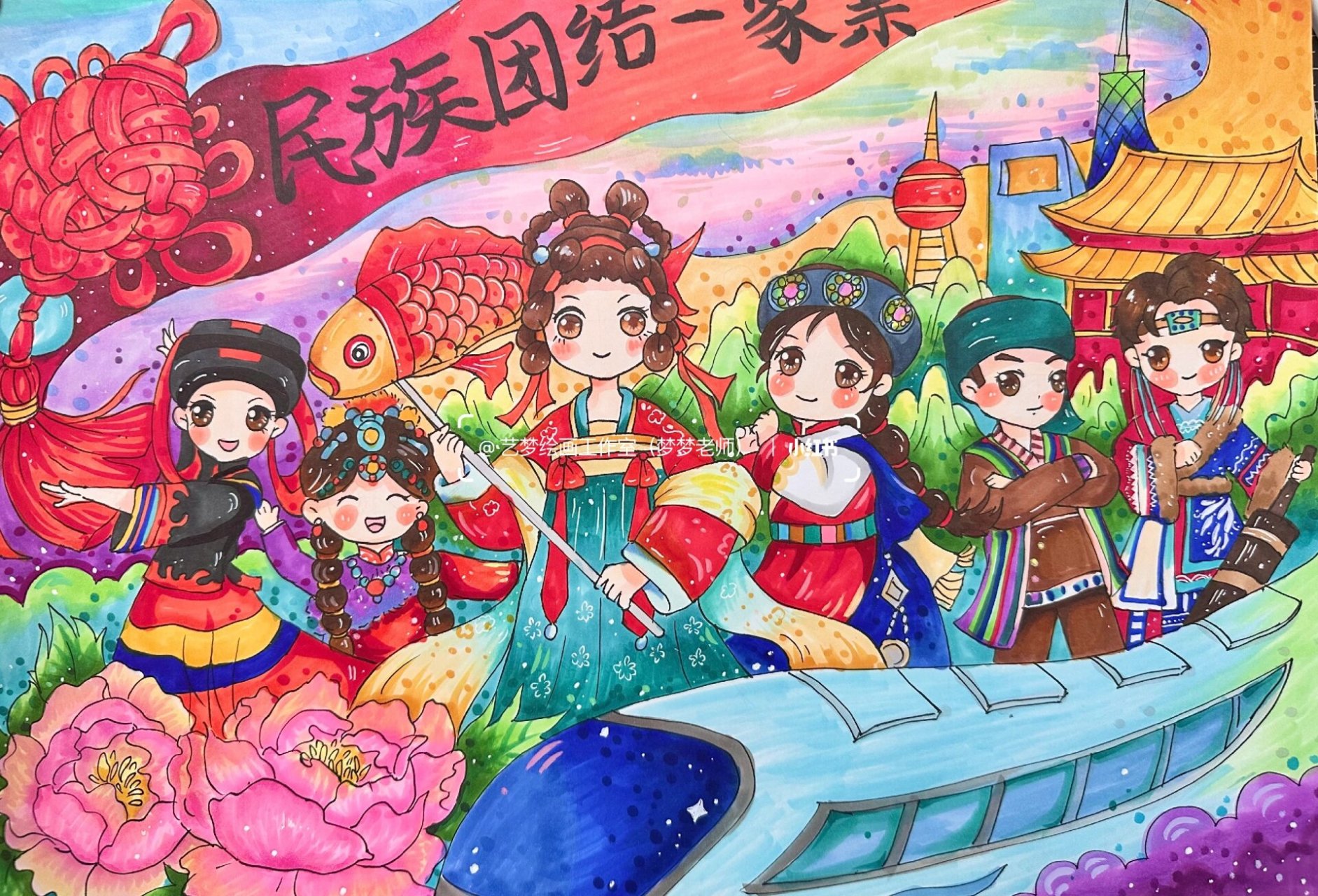 民族团结一家亲一等奖绘画作品 民族团结 国家富裕