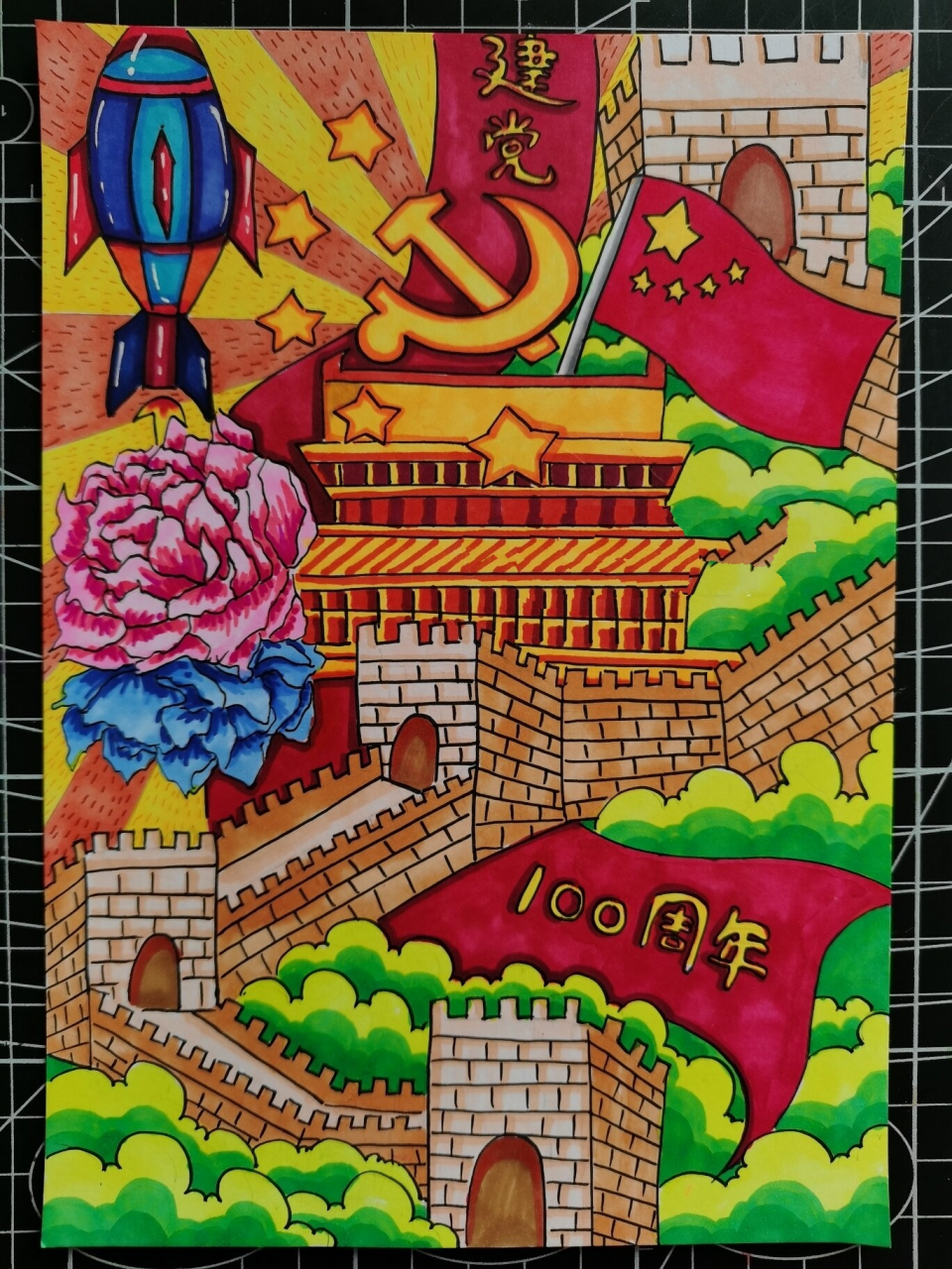 建党100周年| 儿童画|附线稿|附涂色过程 之前画了线稿图,今天才有空