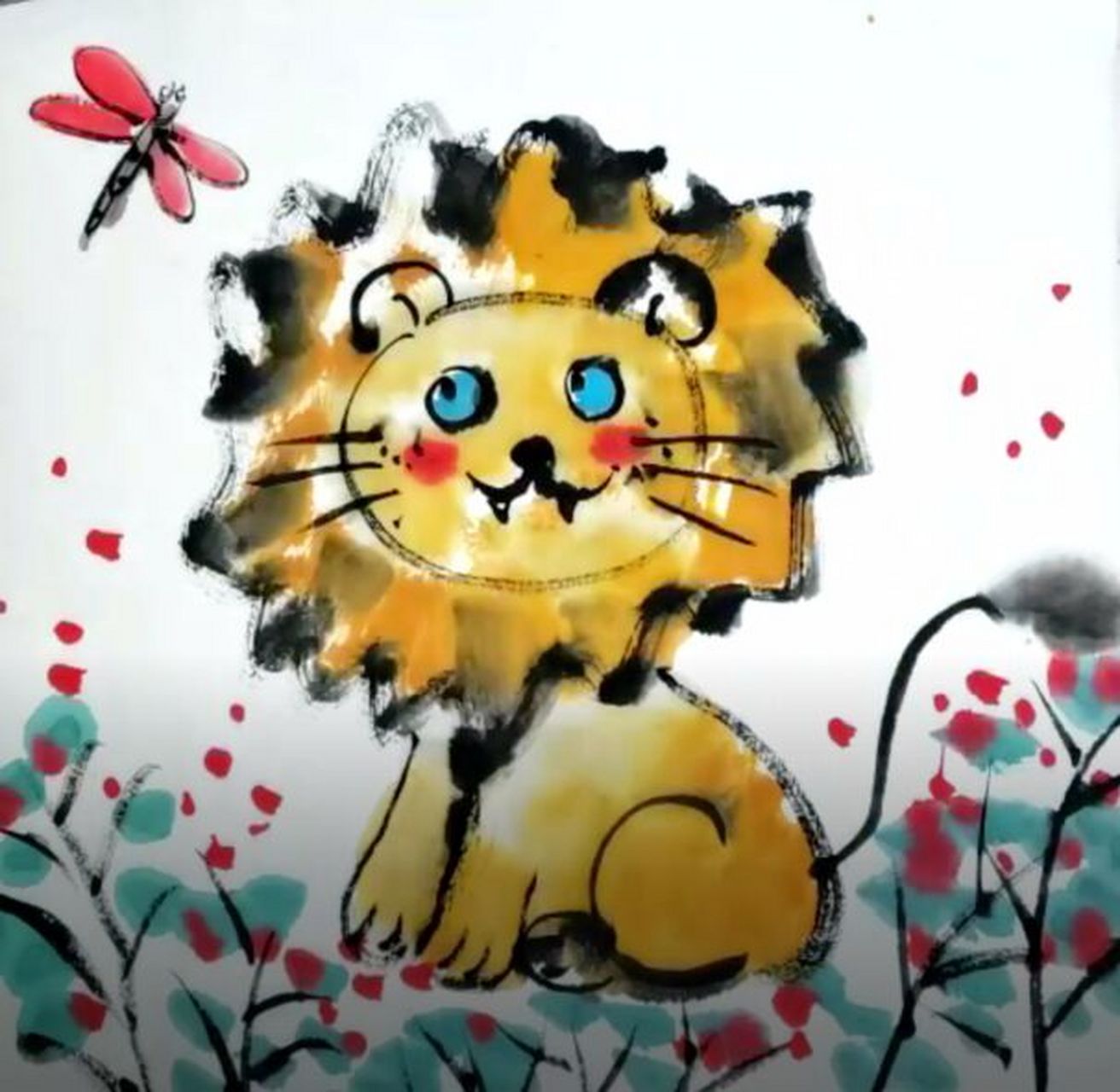 儿童创意水墨画|国画萌趣小狮子图文步骤 《狮子》 绘画步骤: 用小号