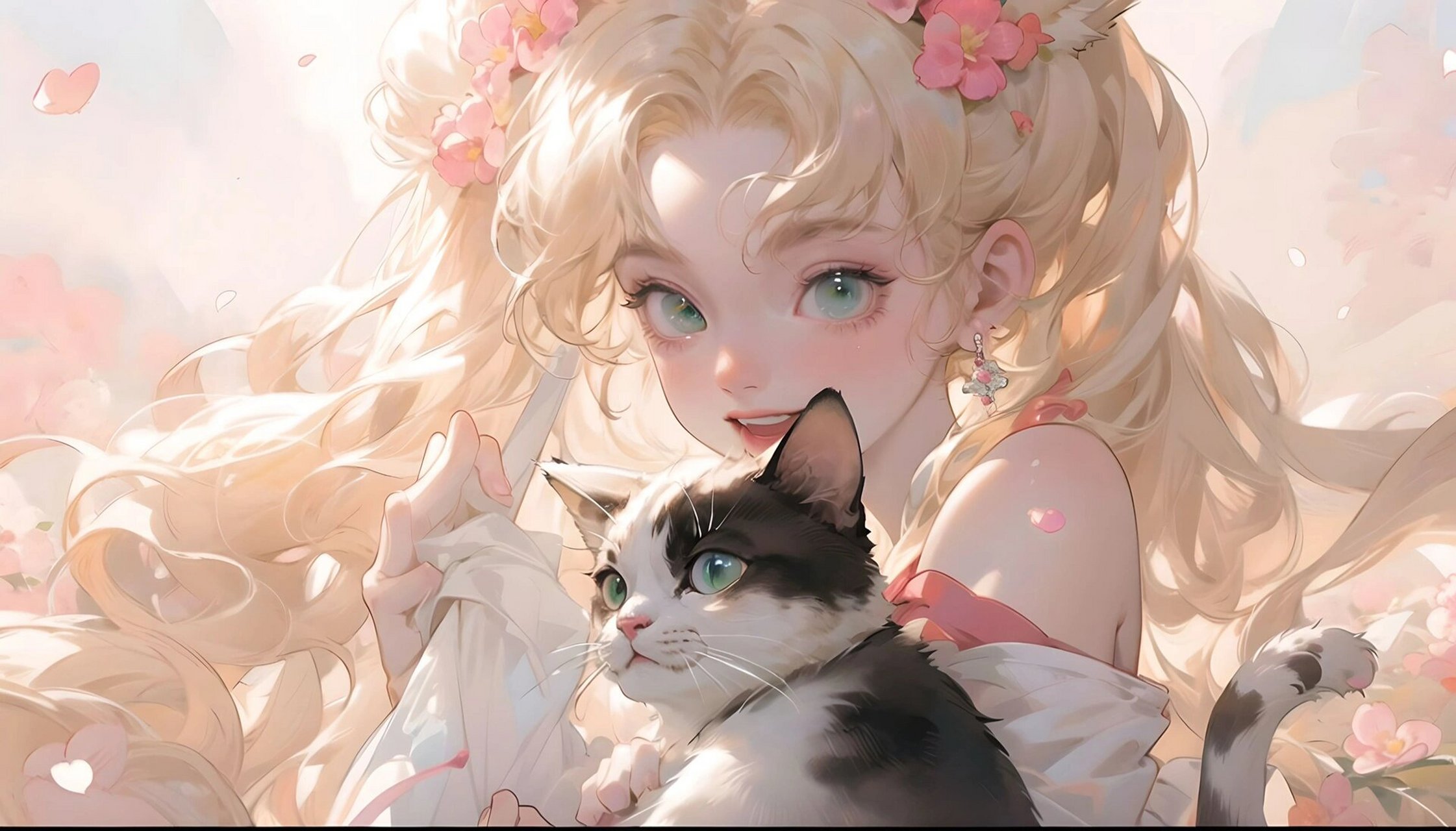 美少女战士电脑壁纸 | 抱猫少女之粉色系 粉色水兵月真的太温柔太治愈