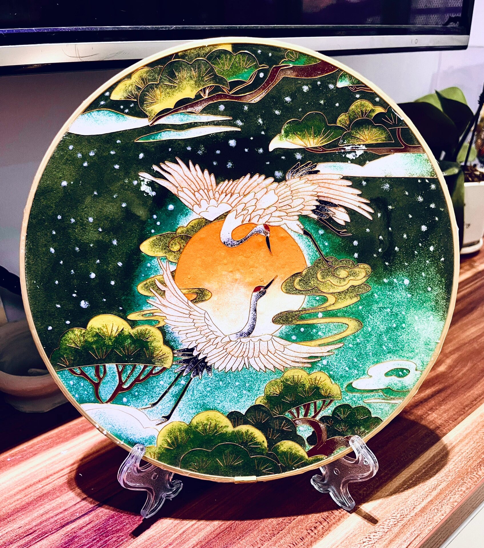 松鹤延年 第一幅大幅掐丝珐琅画,p这个做了双面的,另一面是