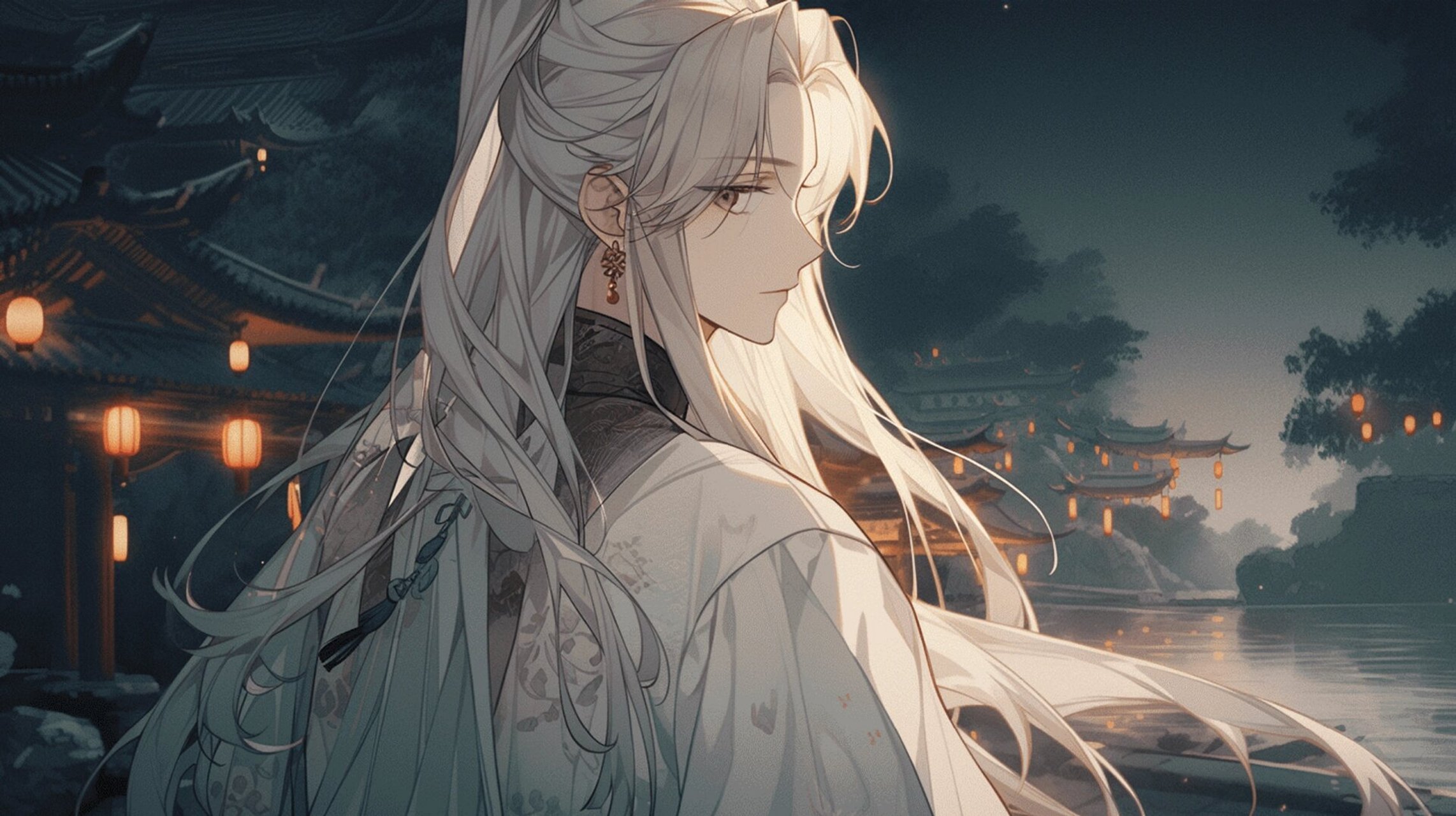 【可商素材144】古风白毛高马尾绿眸男人 编号b144 	 ai绘画,非手绘