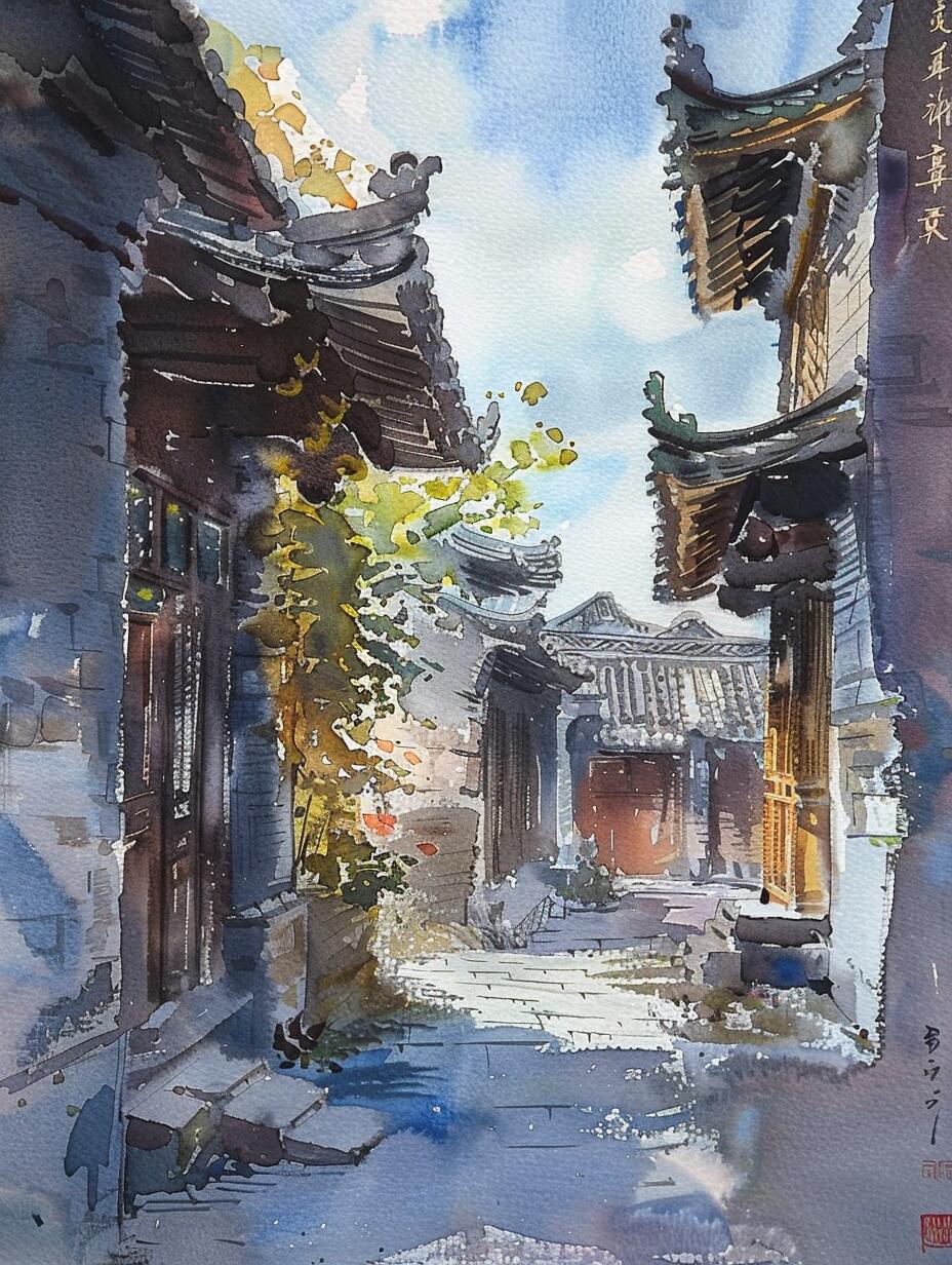 烟雨水巷水彩画图片