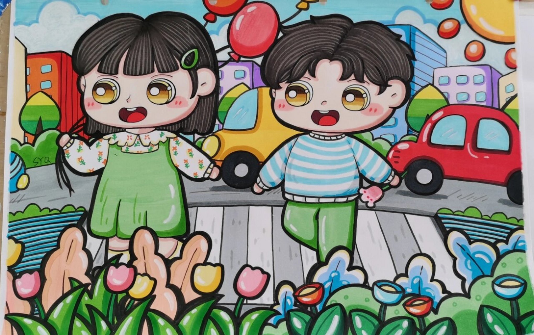 儿童画城市场景《热闹的大街》《春天》 《热闹的大街》《春天》有