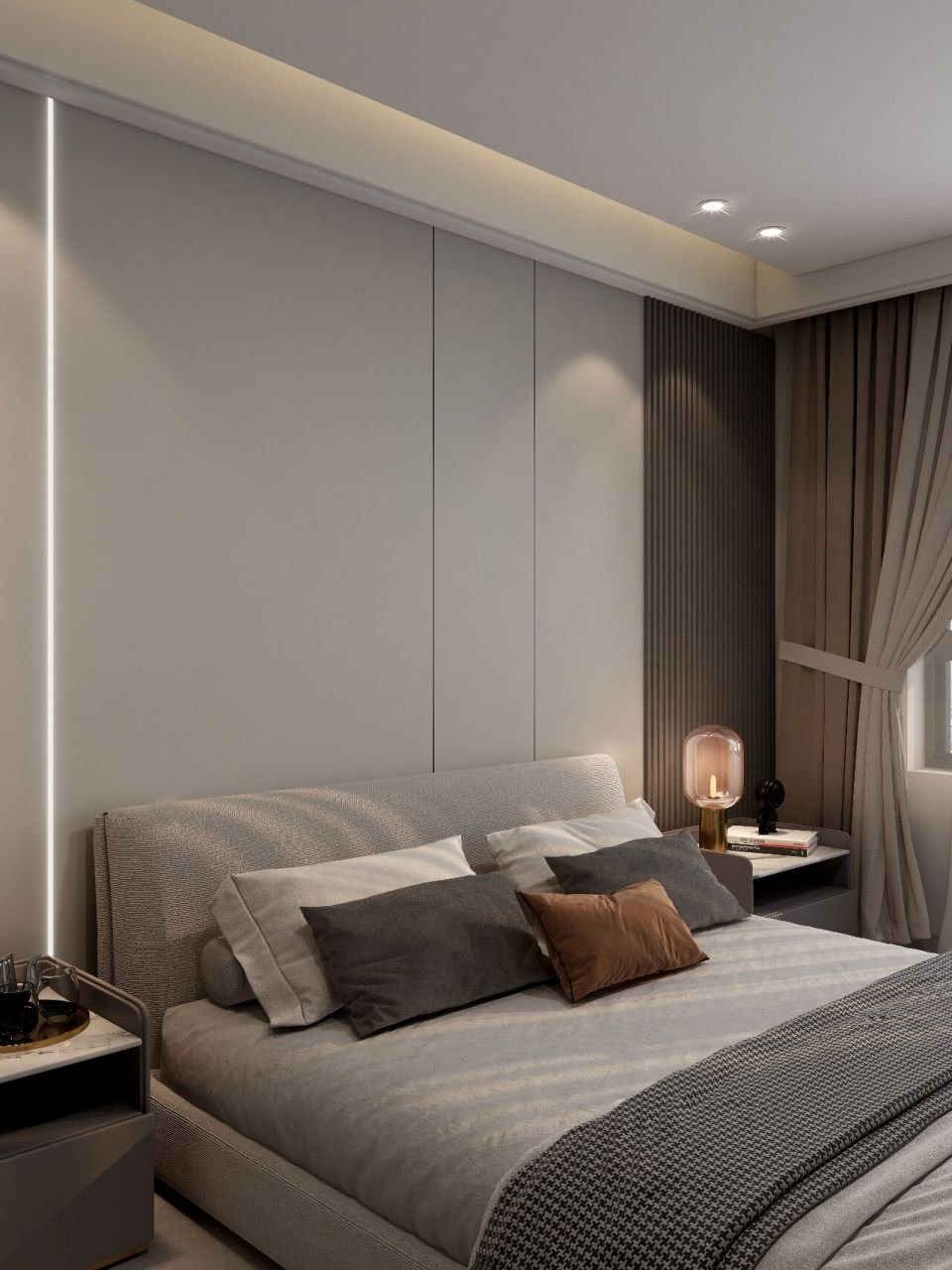 高颜值现代风卧室背景墙 卧室背景墙材料:肤感木饰面 实木格栅 点缀