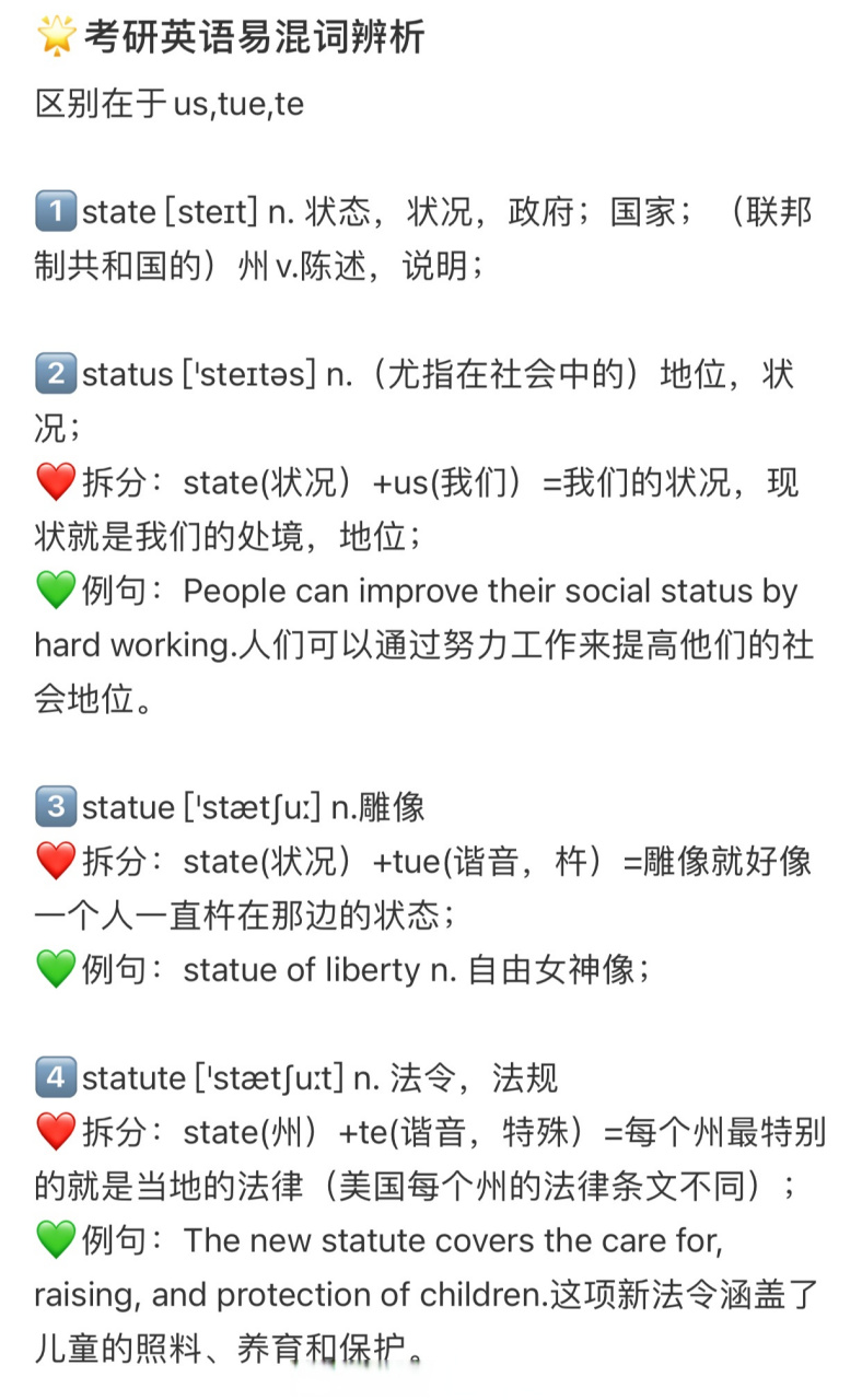 state,status,statue,statute — 易混词辨析