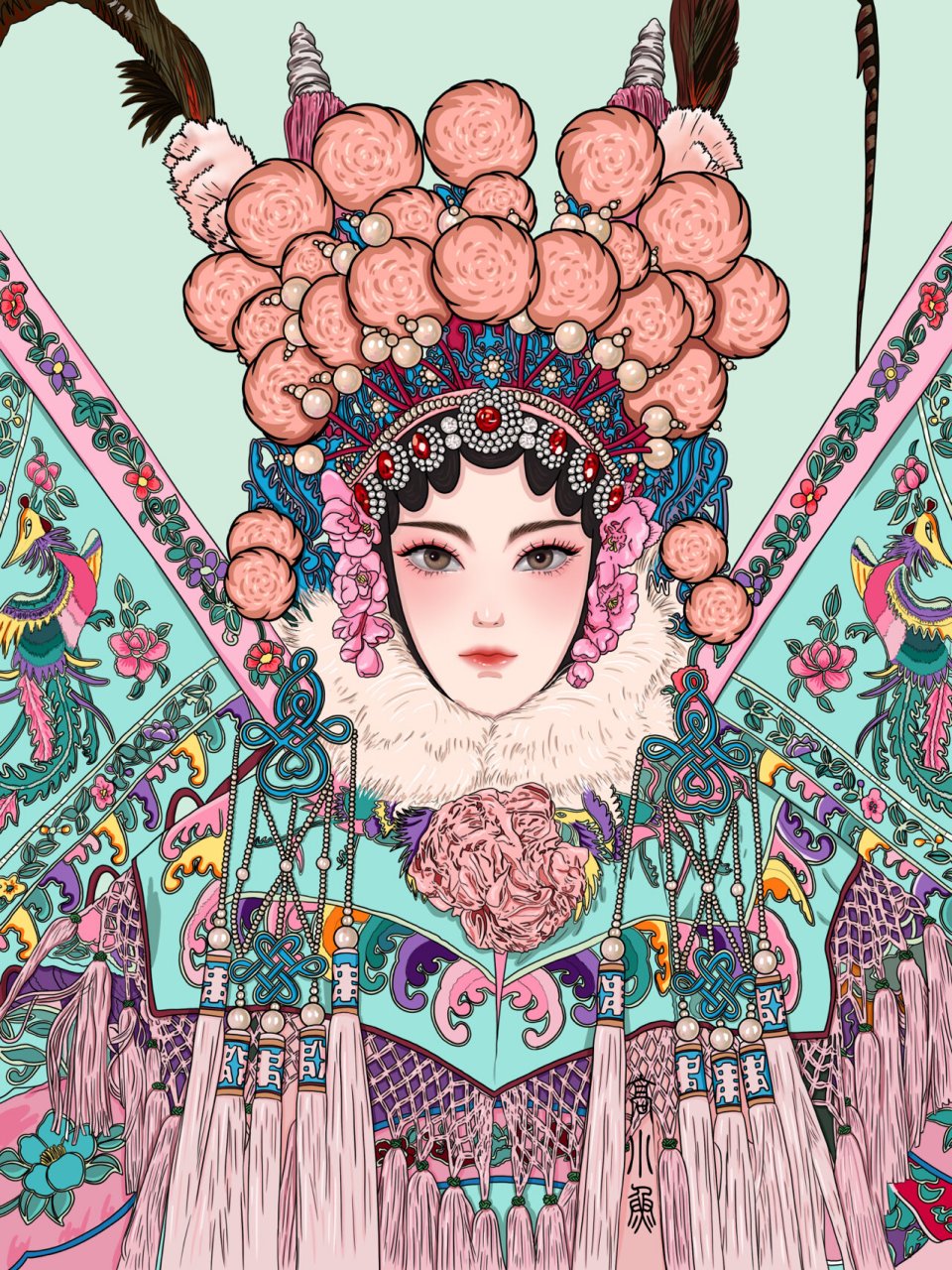 手绘国潮京剧刀马旦插画 终于完成这一幅的上色了,我是多爱画京剧主题