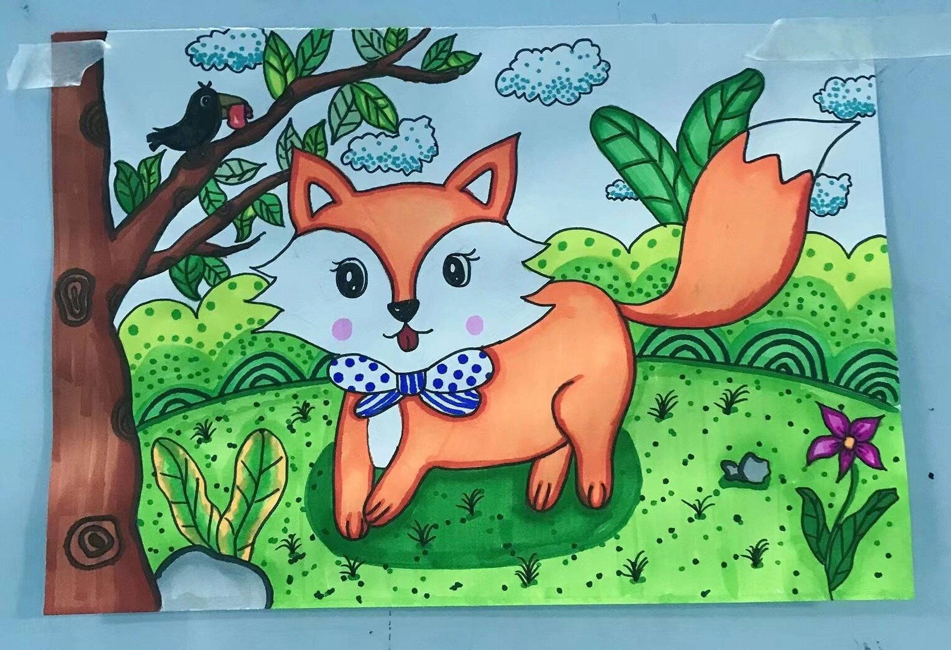 幼儿园大班——小学二年级儿童画    1,可爱的狐狸 2,大嘴鸟 3,老虎