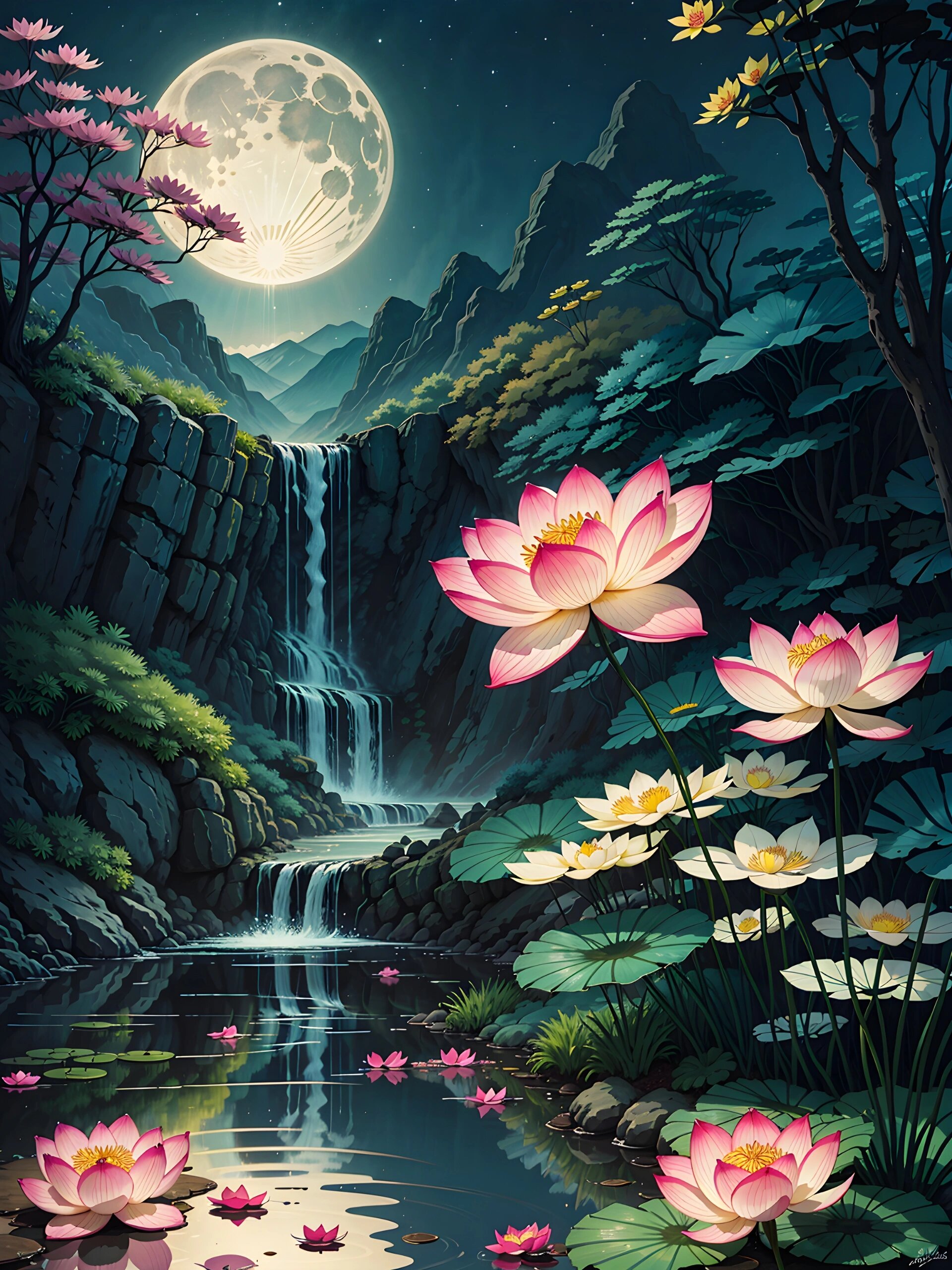 皎洁的月亮远远地悬在星空中,背影倒在平平的荷塘上,倒是给荷塘增添