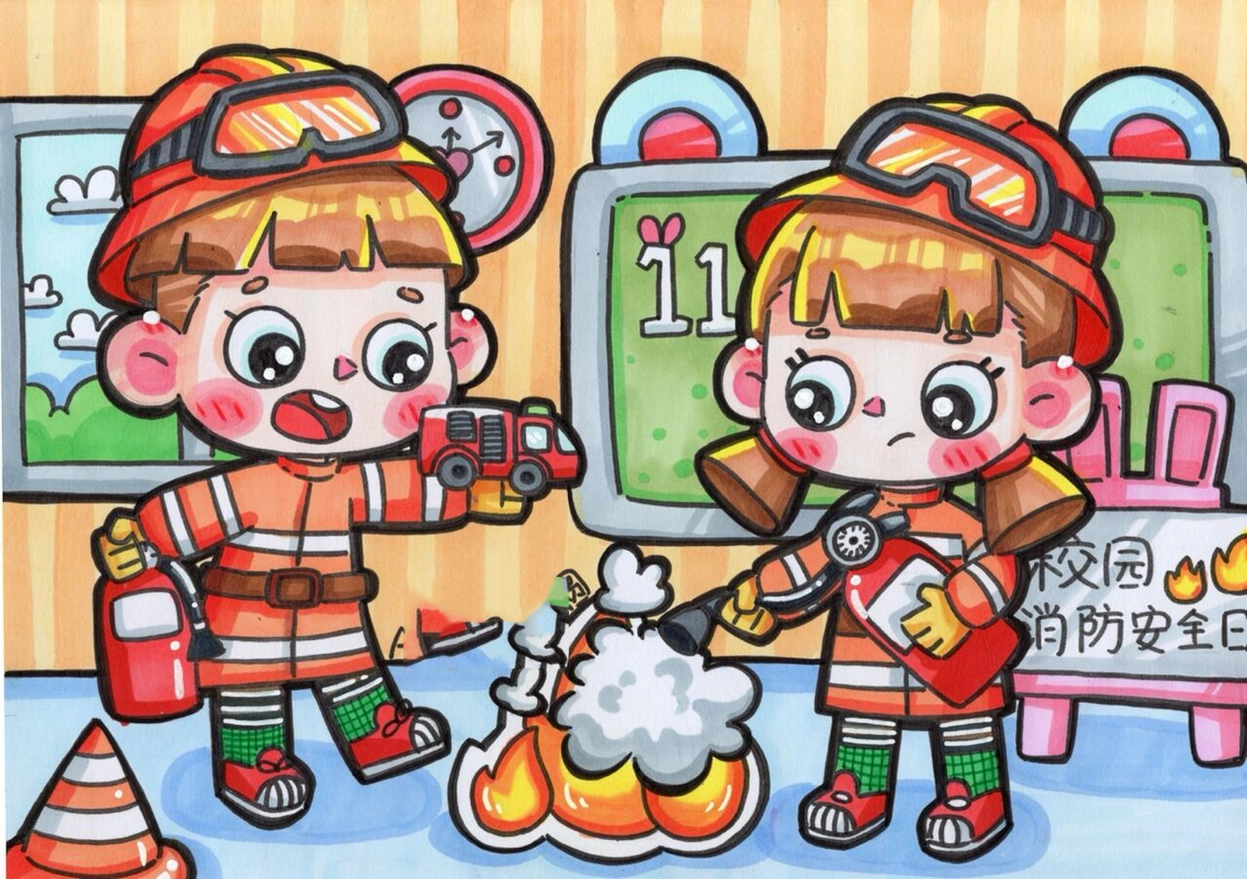 在游乐场扮演消防员时,总感觉那里的衣服都太大了,所以这张画的衣服