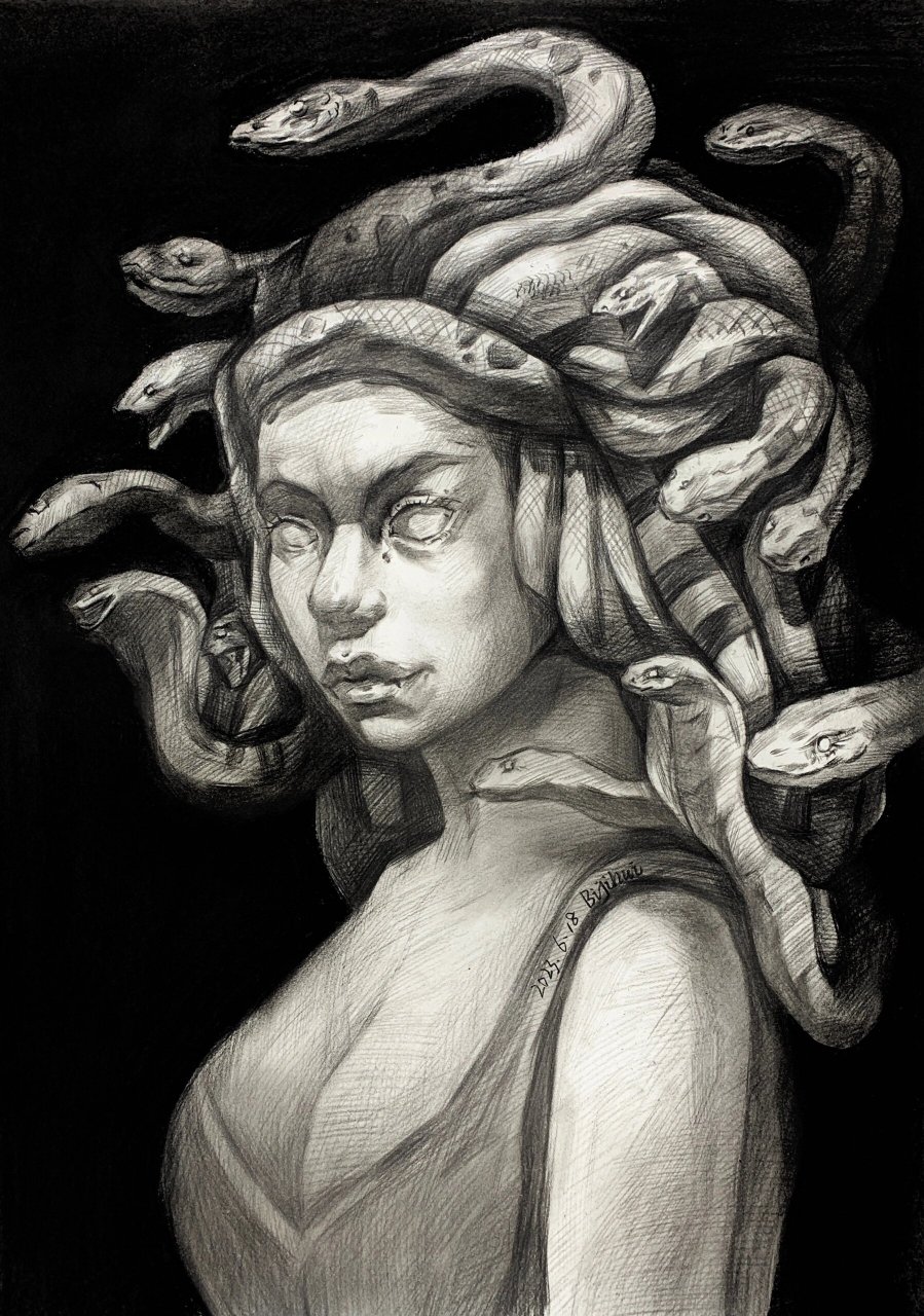 素描美杜莎 临摹了这位小哥哥的画～ 	 图2是原作者的作品～我把背景