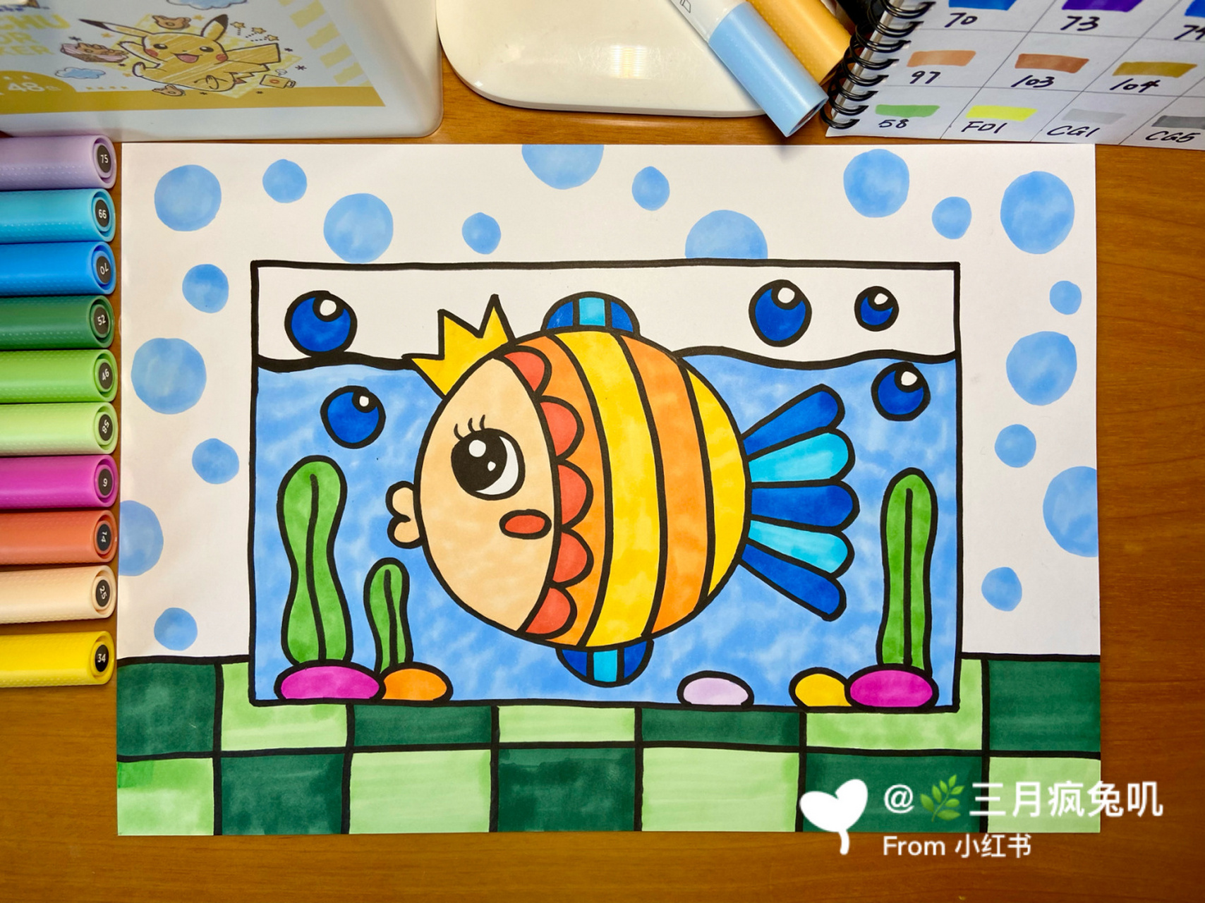 【小鱼公主95】创意儿童画教程幼儿简单马克笔 原创儿童画,线稿图和