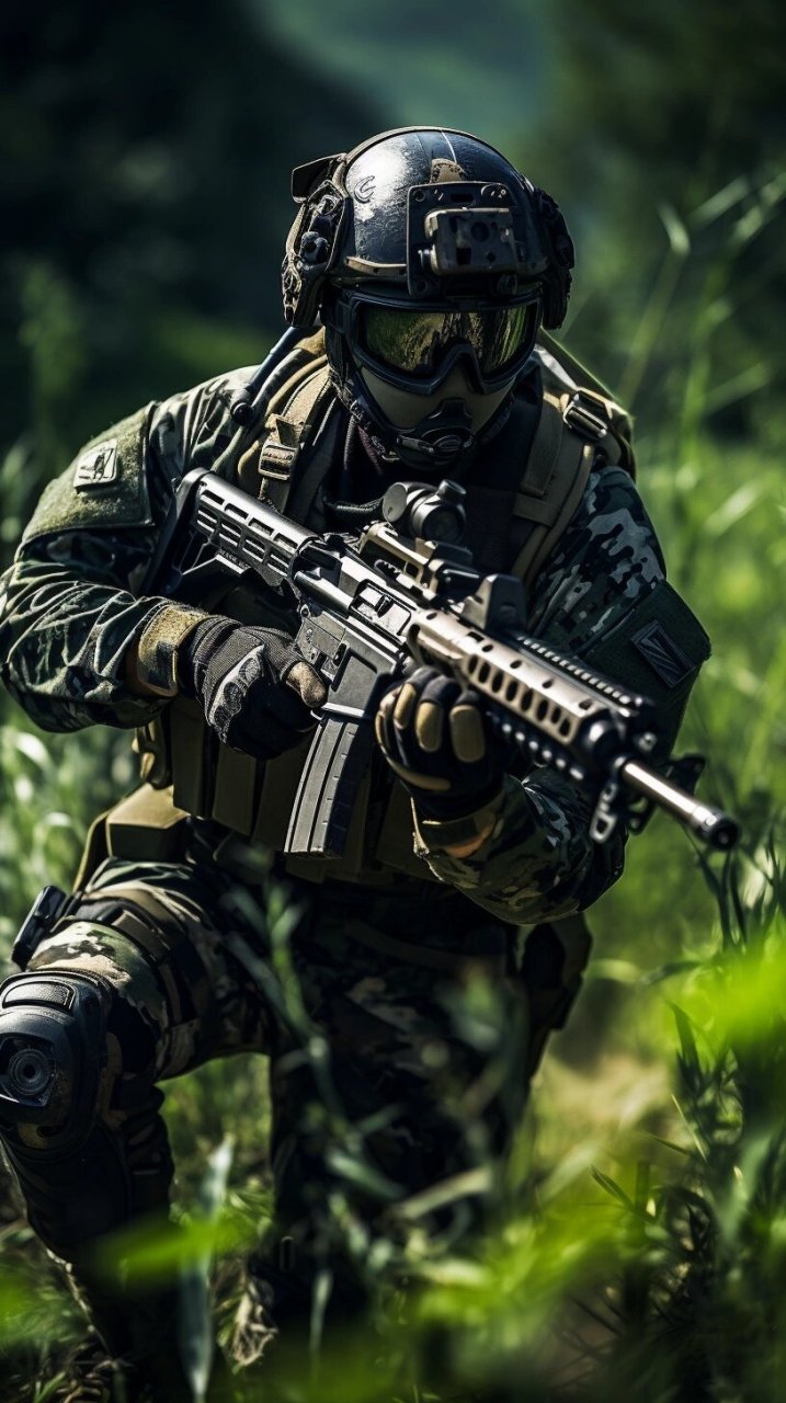 穿着战斗迷彩服,战术装具.头上戴着头盔,脸上戴着面罩,脚上穿着军靴.