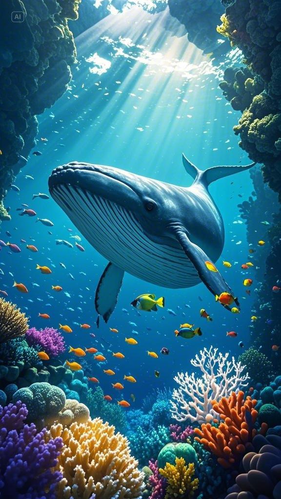 海底向上看的视角,一头鲸鱼在水中,彩色的光透过水面,周围都是彩色的