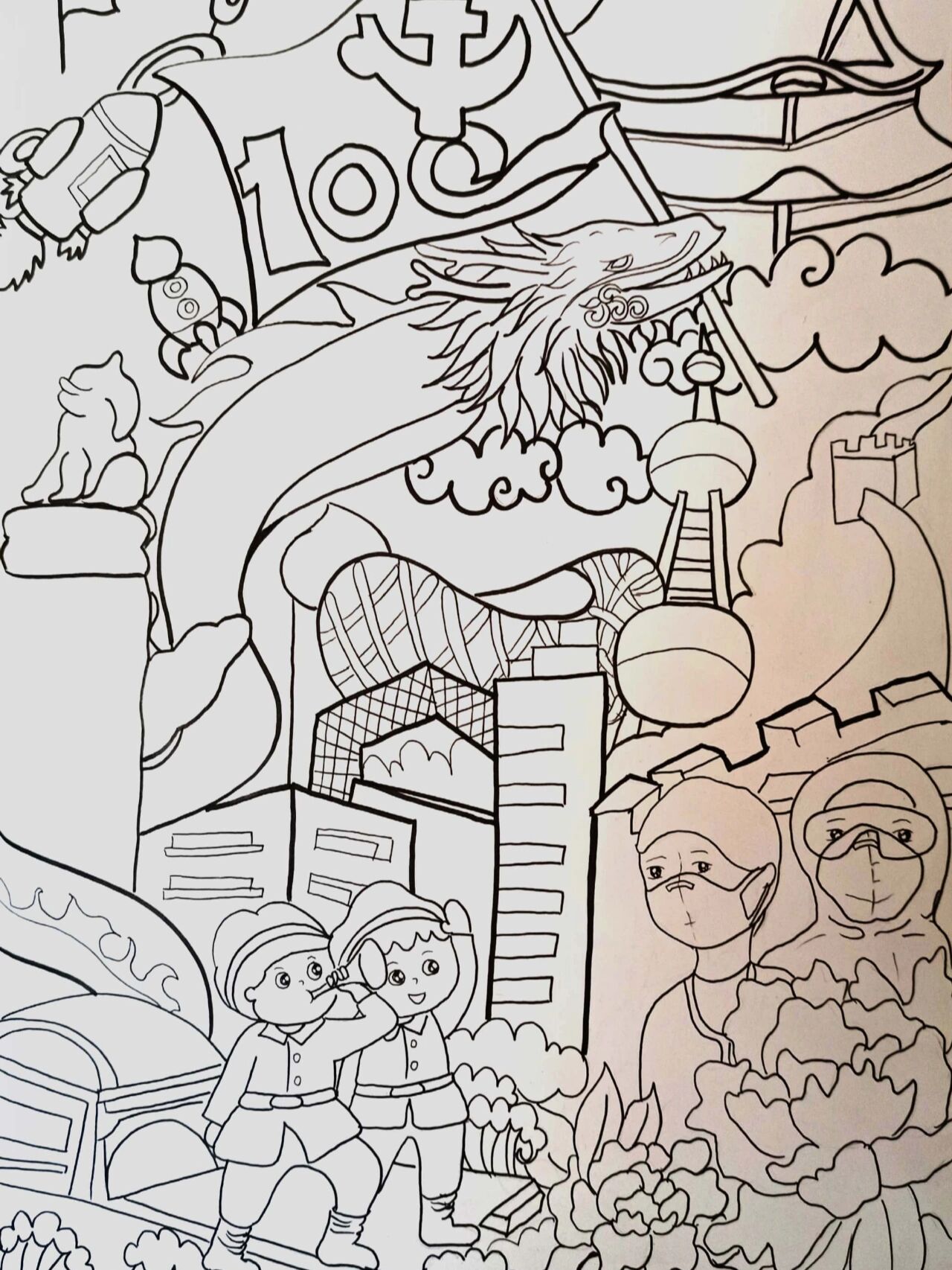 建党一百周年绘画,红色主题绘画 线稿图