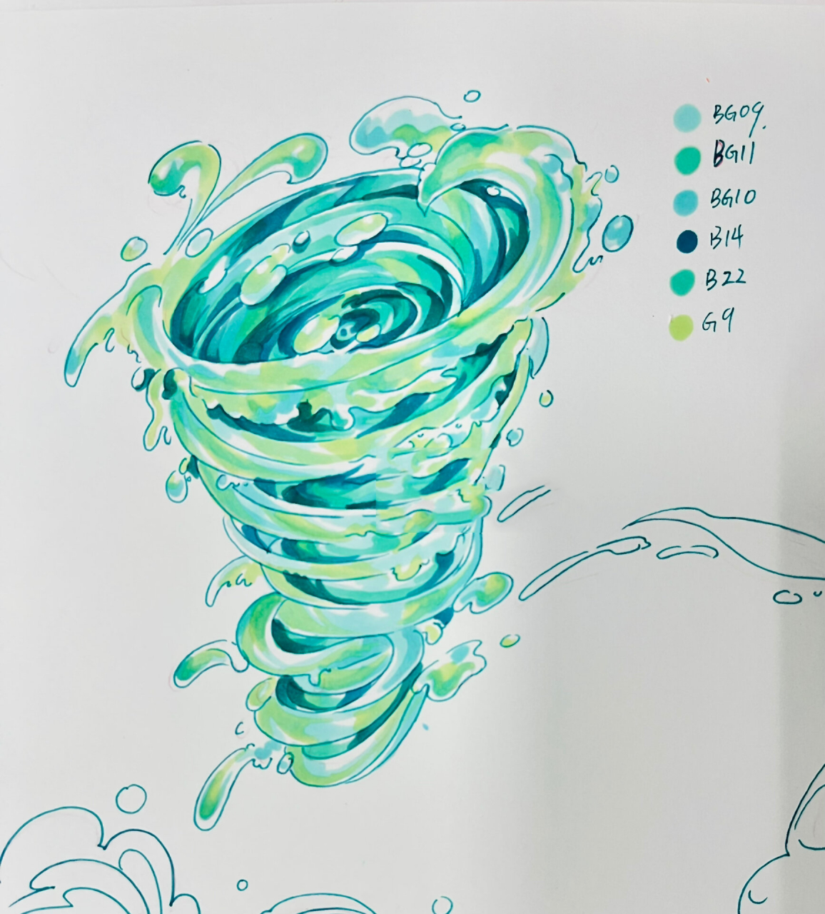 马克笔—漩涡98水花 元素 有步骤图哦  画水元素一点要注意留白哦