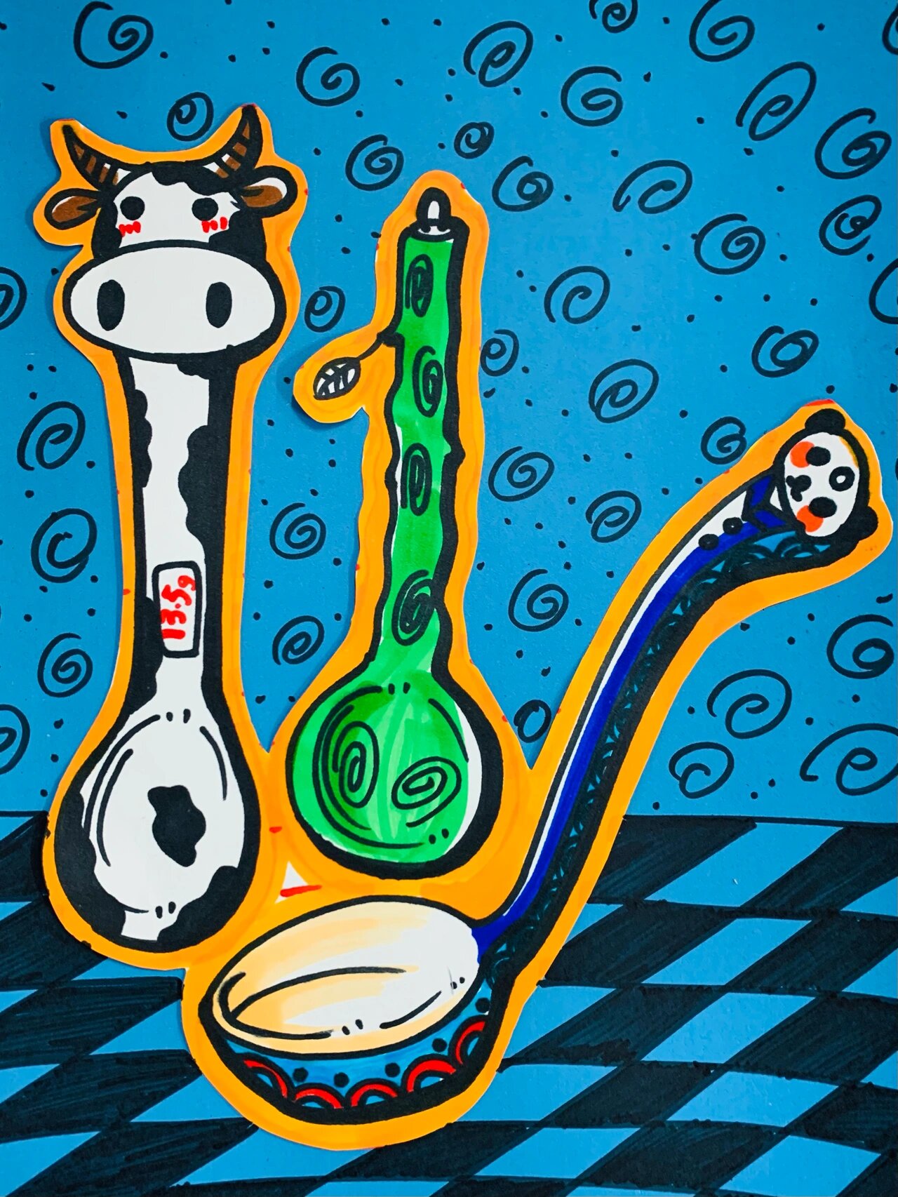 人美版美术一年级上册《有趣的勺子》范画 图一:马克笔 勾线笔绘画