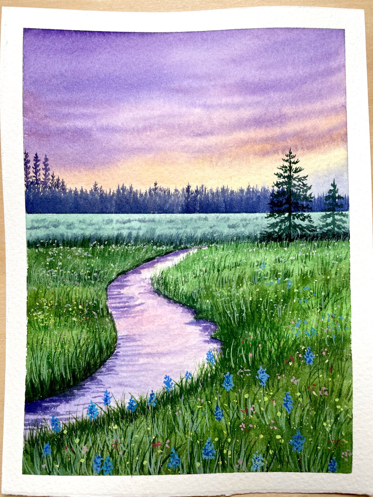 水彩风景—草地河流