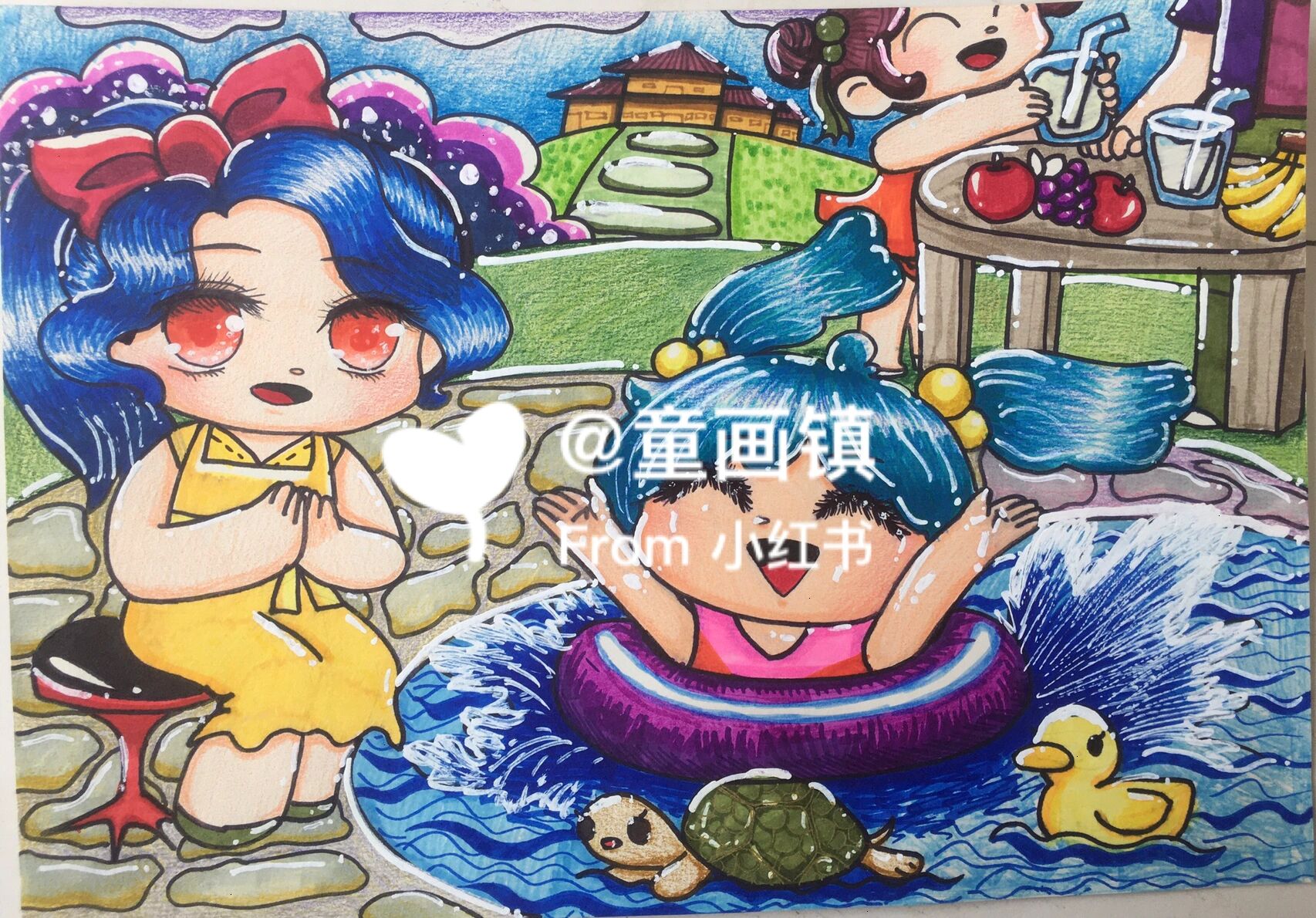 马克笔幼师儿童画《水上乐园