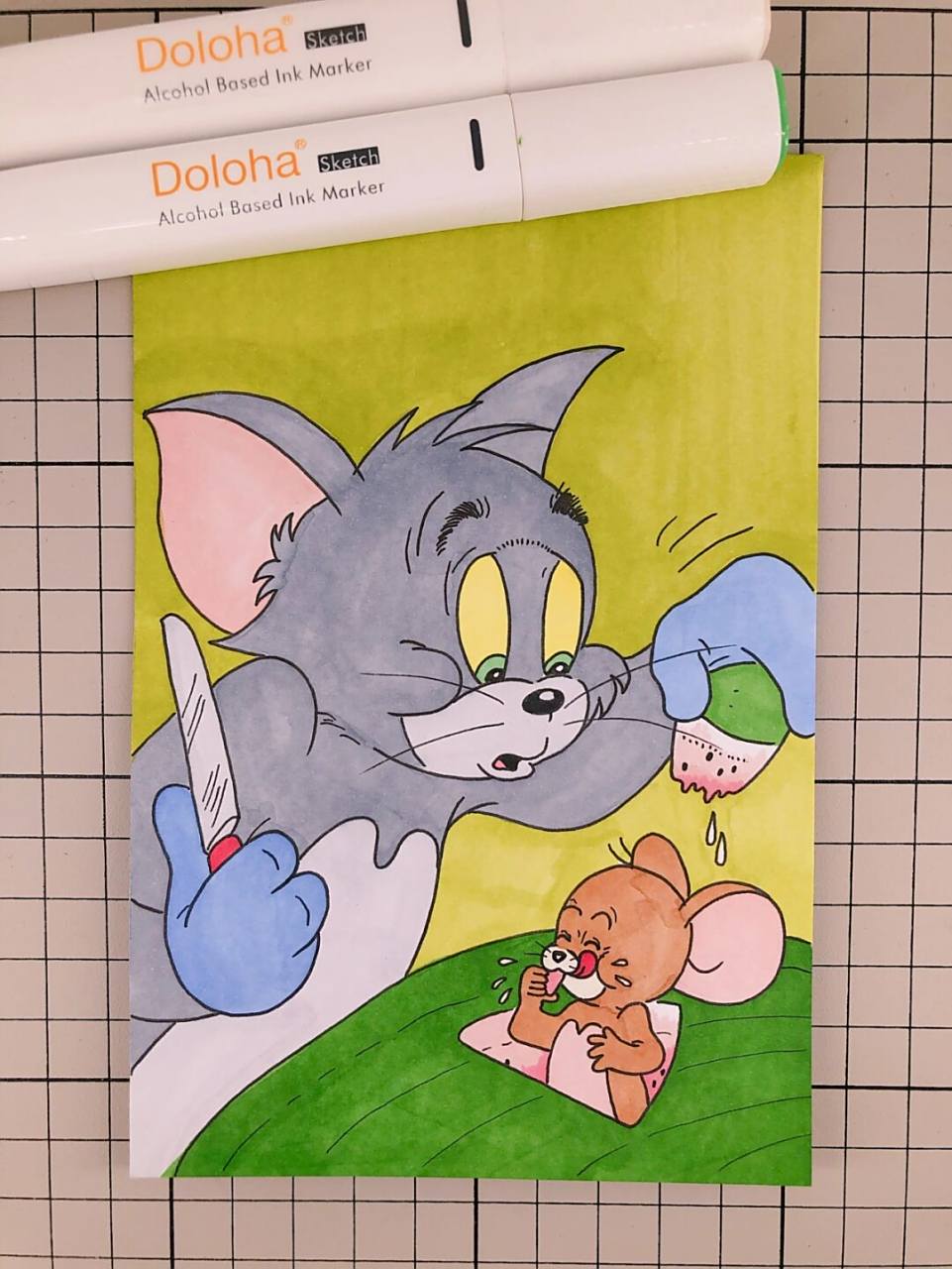 第232幅|猫和老鼠卡通画,马克笔画. 马克笔:多乐绘128色.