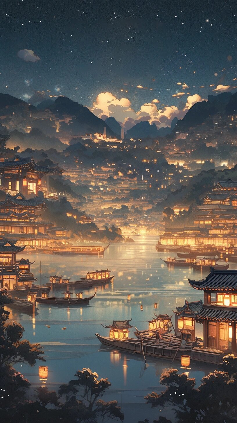 梦幻古风场景,唐朝不夜城,壁纸,背景