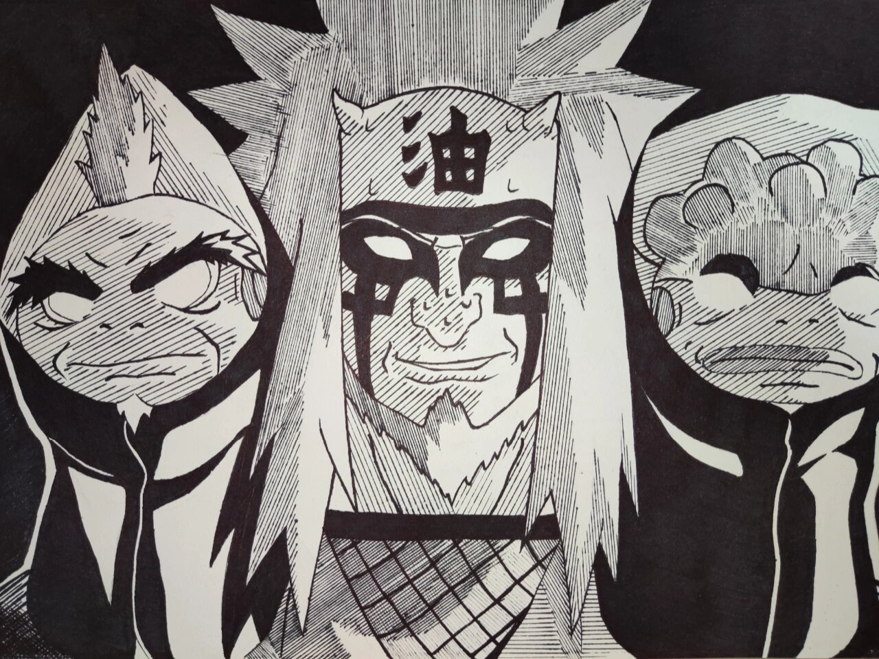 仙人自来也,火影手绘黑白风格