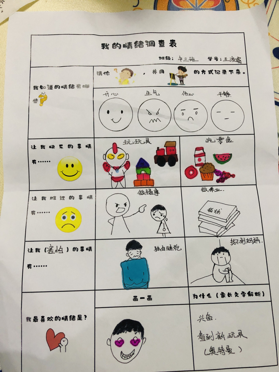 幼儿园作业——我的情绪调查表 这个点才做完作业,这个情人节91