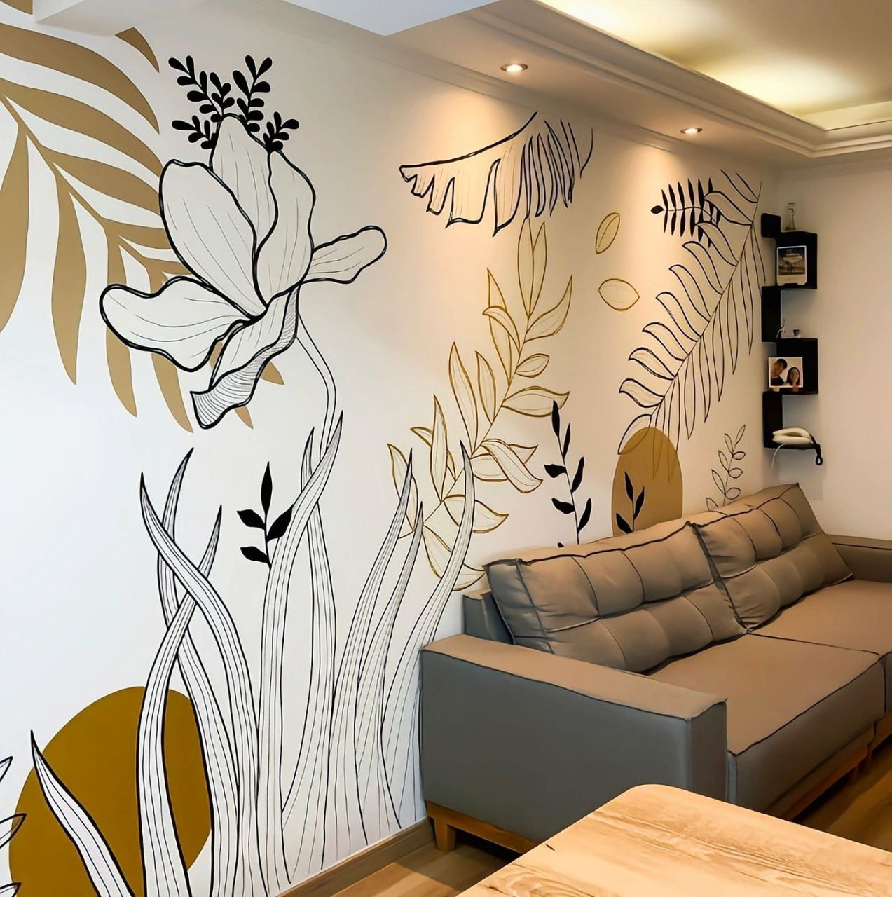 客厅背景墙手绘ins风壁画,简约大气又时尚,华瀚墙绘分享专业,让你的