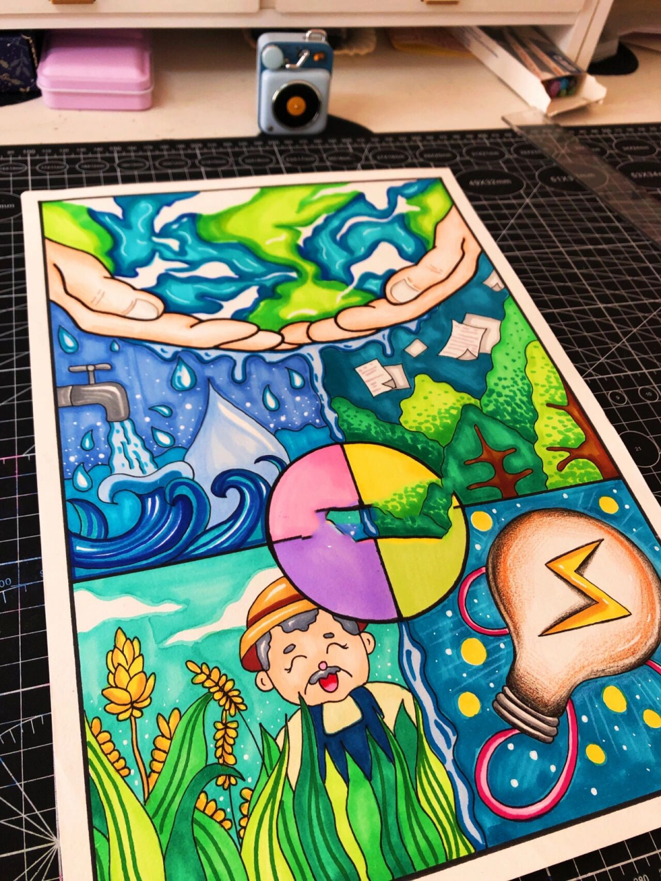 "四节"主题原创画 节约用水,节约用纸,节约粮食,节约用电 人人有责,从