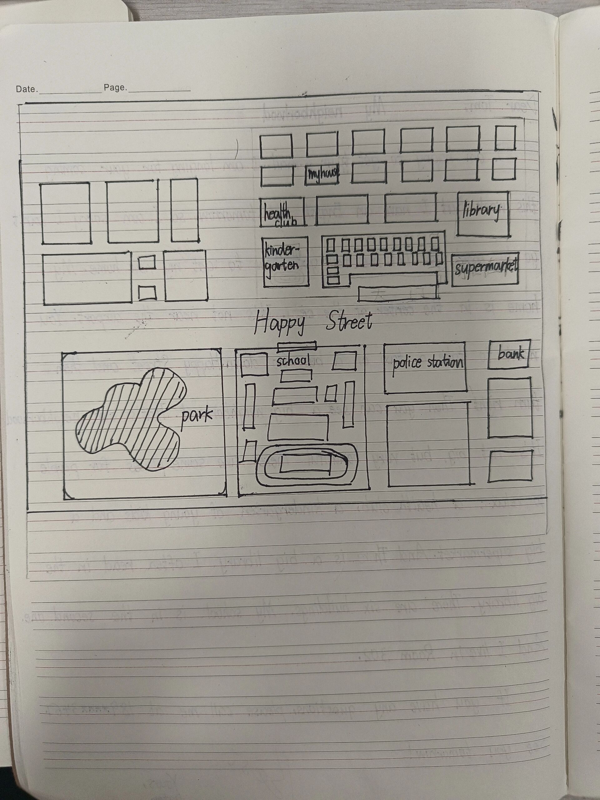 my neighborhood 今天的作业是画一张自己家附近的街区平面图并用英语