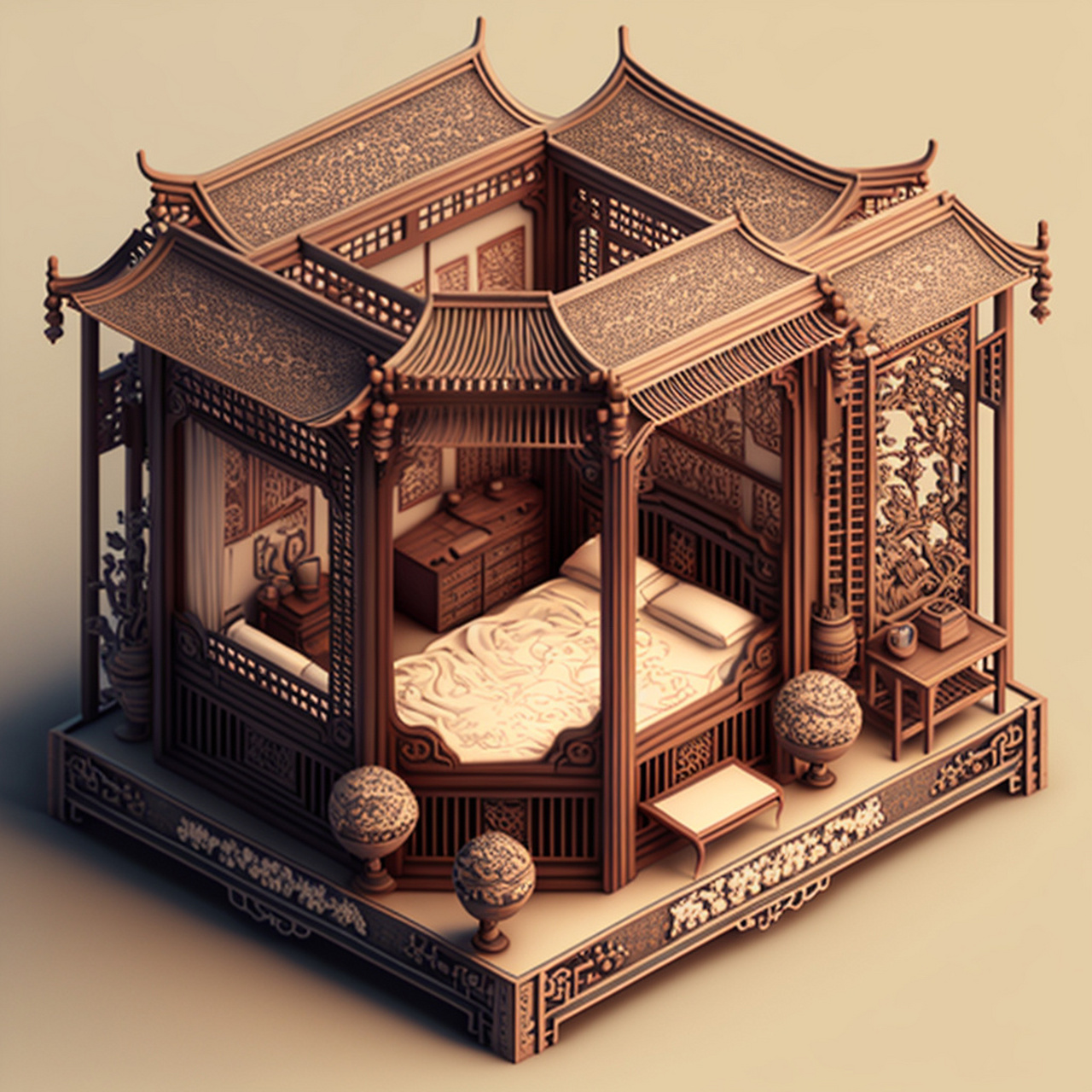 中式家具艺术设计,拔步床 记得贾宝玉住的碧纱橱里就是特大号的拔步床