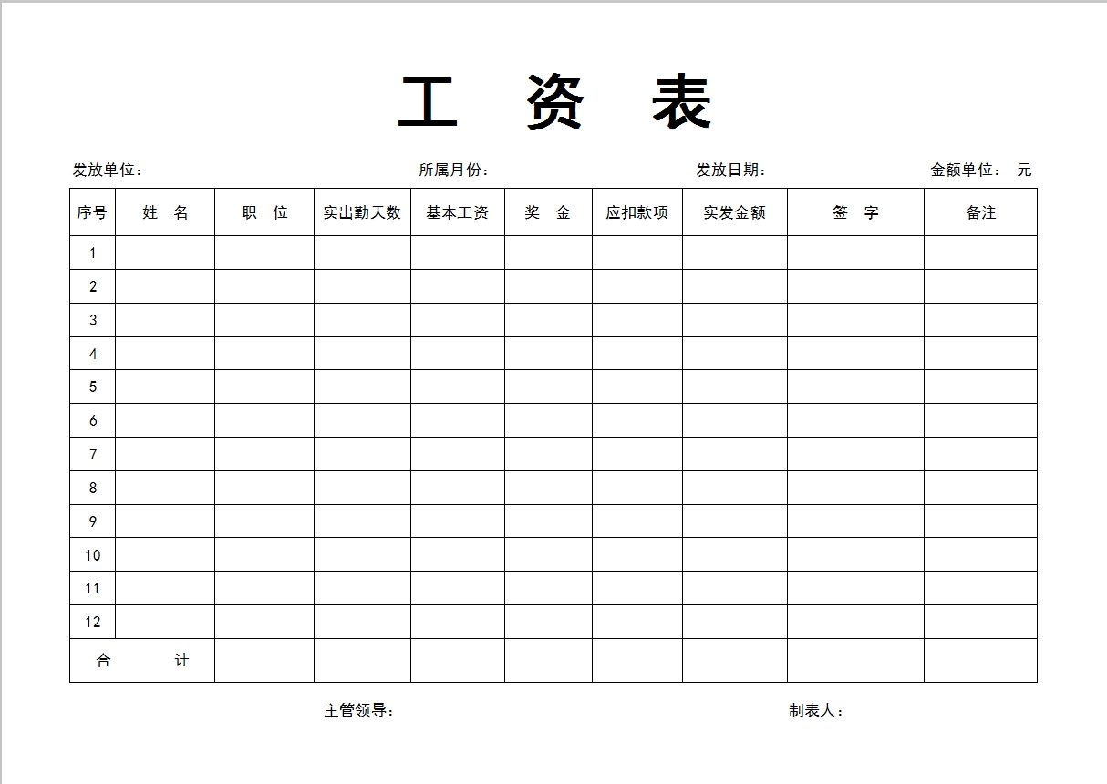 个人工资表样本 模板图片