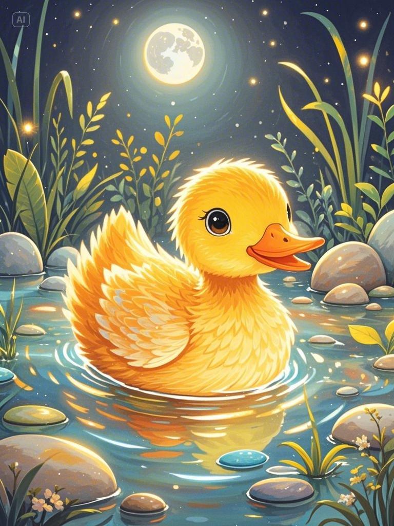 彩铅插画,童话故事,手绘感,细腻,一个可爱的小黄鸭,在池塘里游泳,温暖