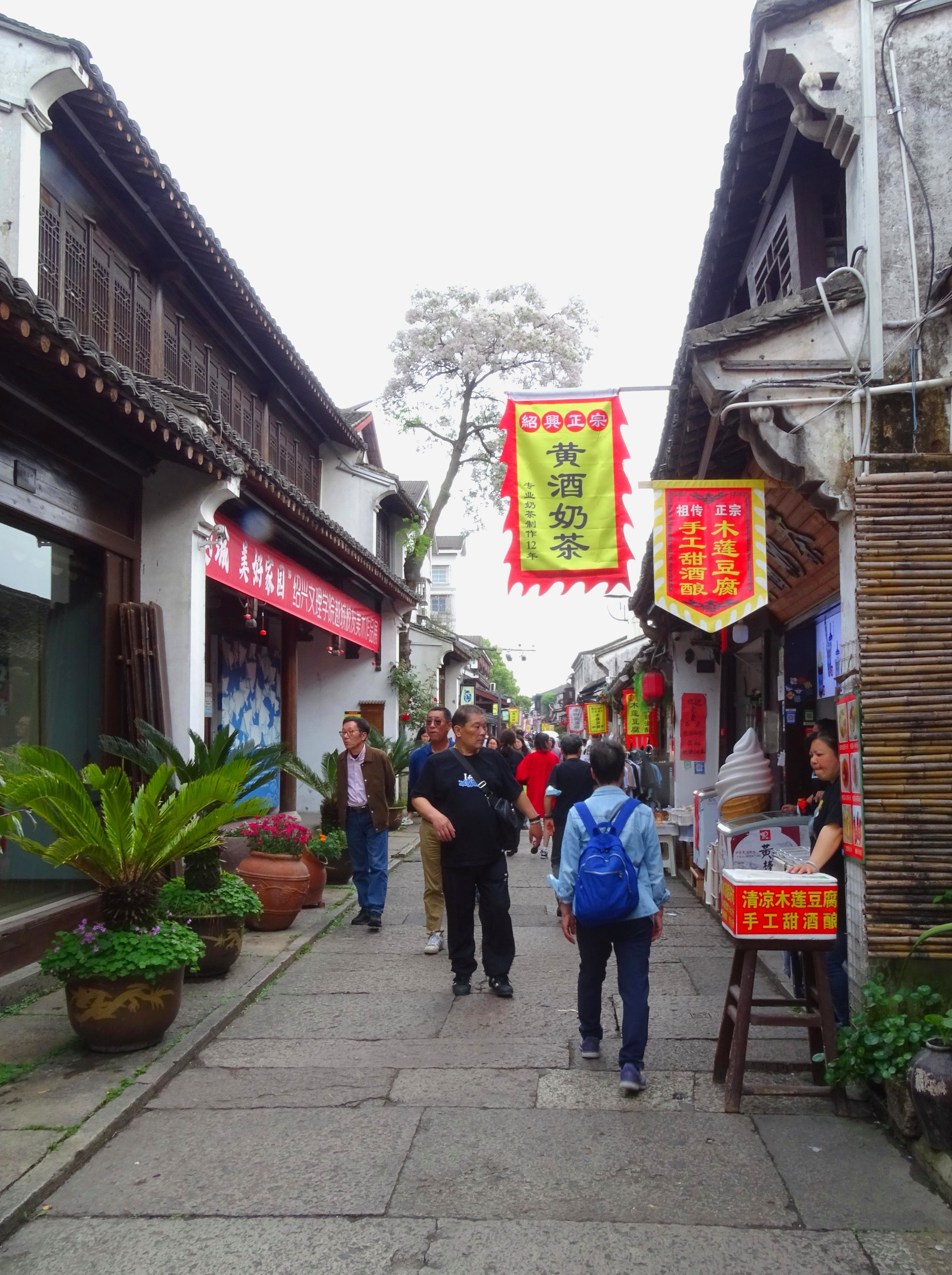 "绍兴仓桥直街"小巷深深锦旗飘,河水清清桥连桥.