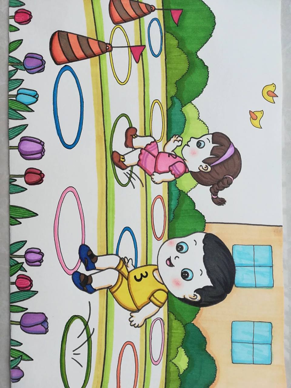 原创主题画运动场上 儿童画幼儿园里快乐多