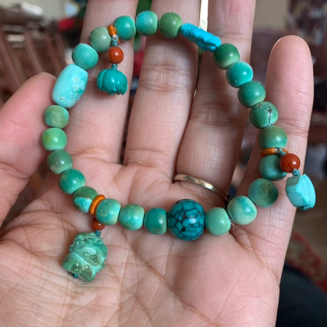 绿松石 手串 变色过程图 记录贴 9m老型手串  定期用棉手套盘玩 可能
