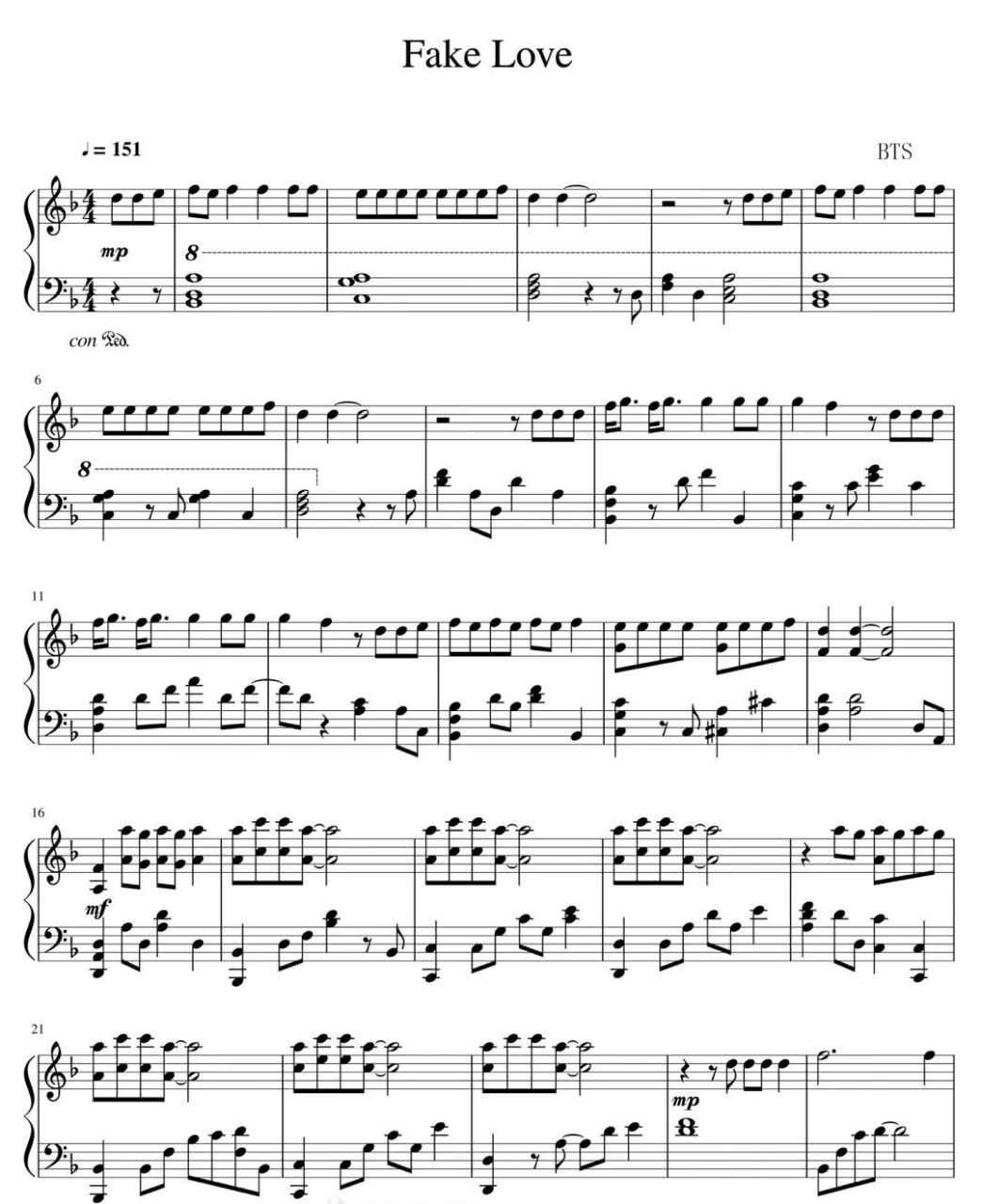 《fake love》bts钢琴五线谱 这首歌调调绝了,钢琴版弹出来更好听