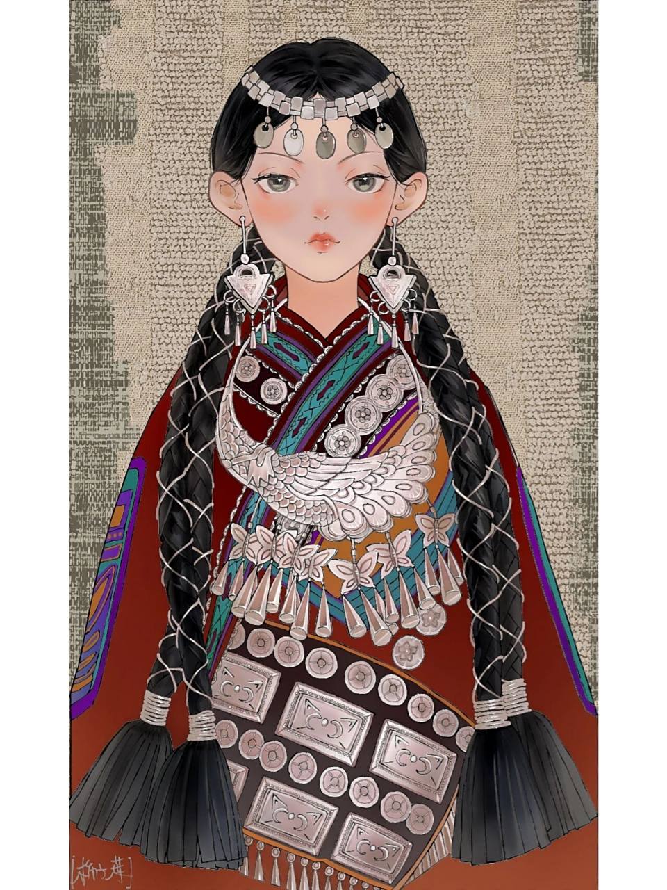 (民族风情插画)苗族女孩 好喜欢苗族的服饰哦!忍不住摸一张半身的!