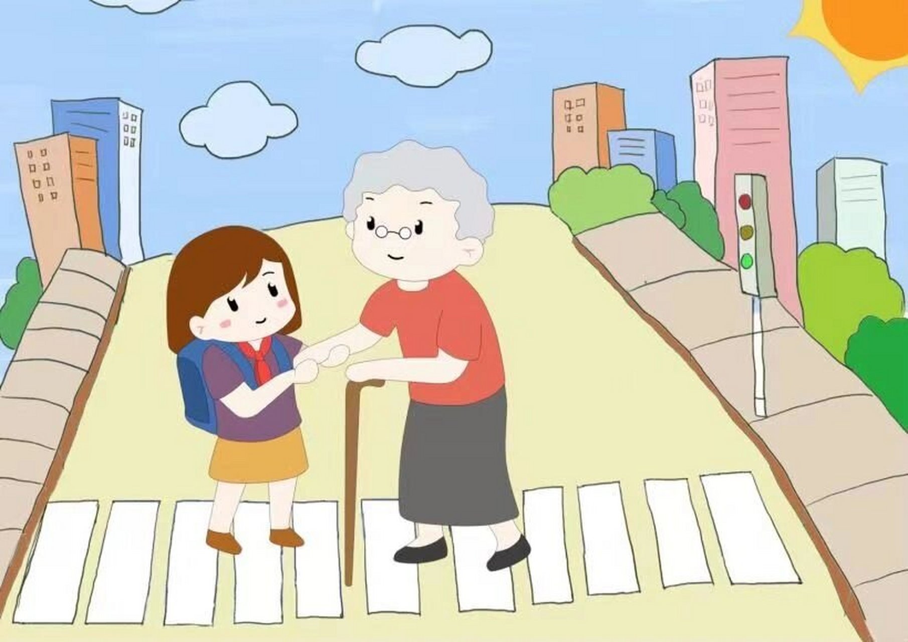 扶老奶奶过马路 可以自己打印然后描边,上色!