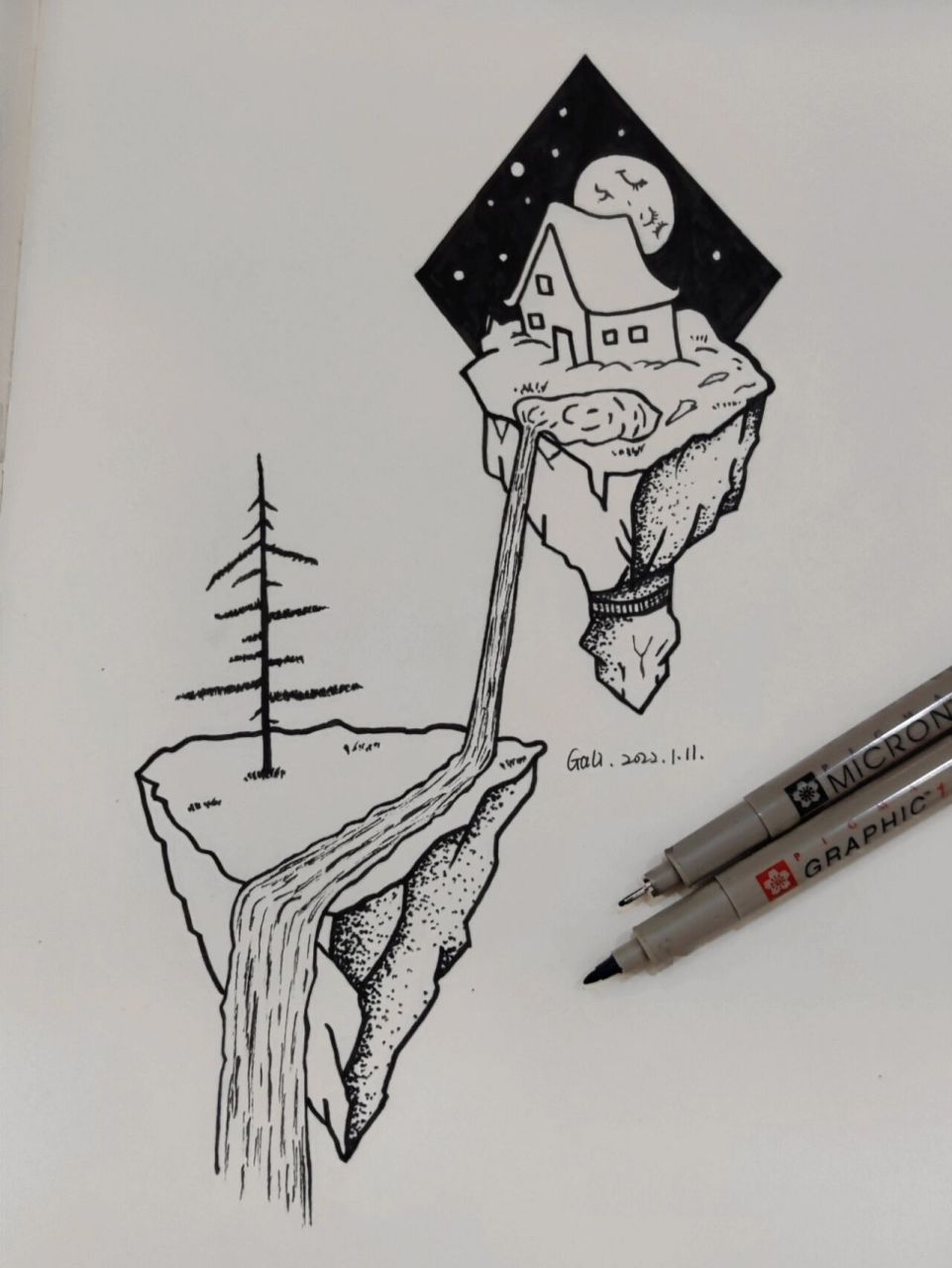 11空中小岛黑白创意画】线描简笔画临摹 多少年过去了 唯一不变的