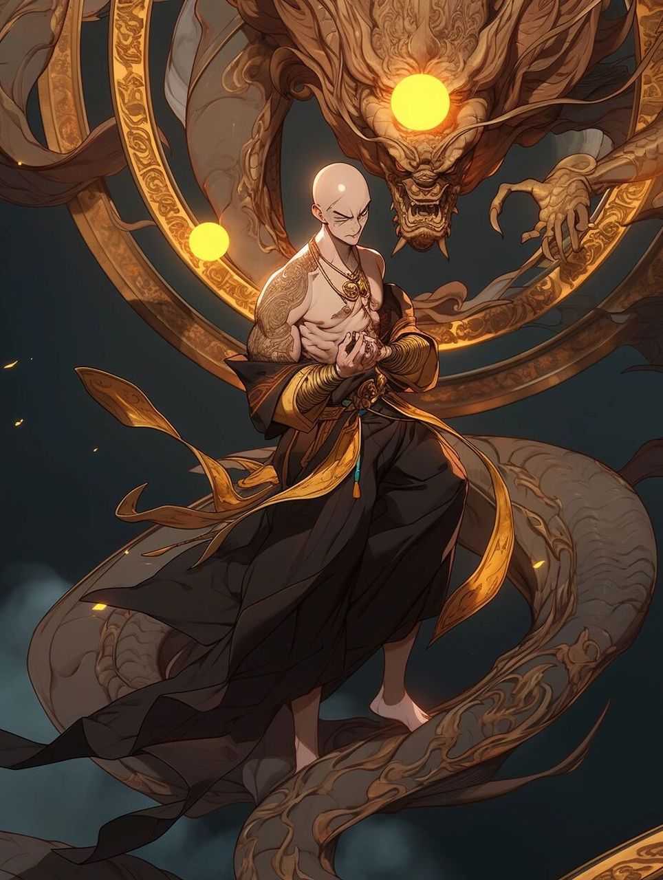 佛道-降龙罗汉 十八罗汉里的降龙尊者 咒语:a bald chinese monk with