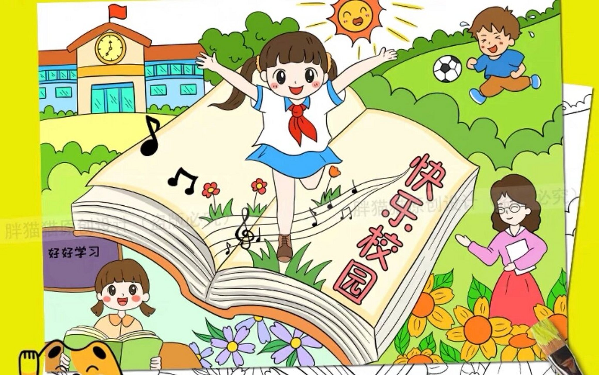 快乐校园生活儿童画健康成长读书学习踢球我 快乐校园生活儿童画健康