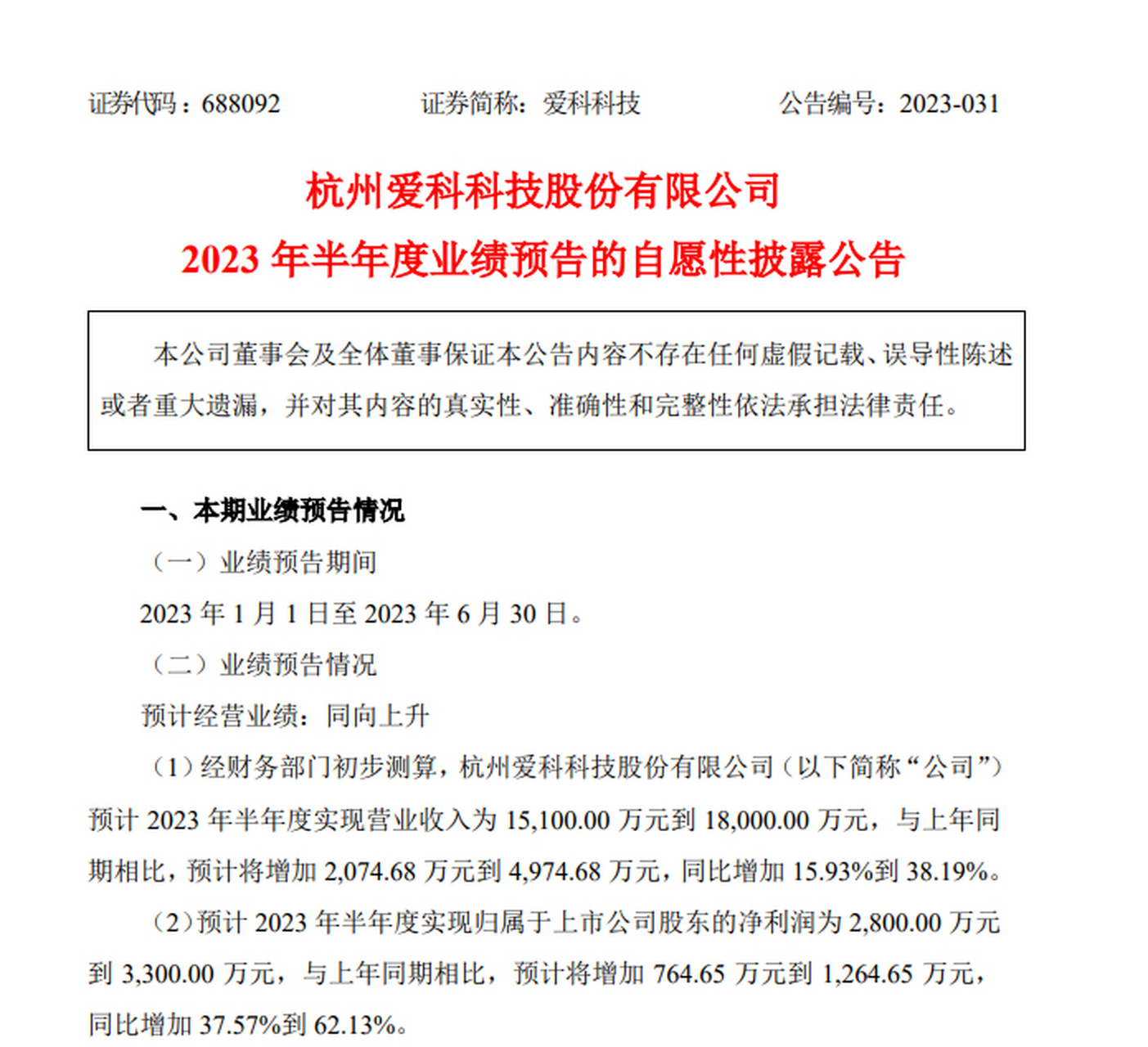 8亿元爱科科技公告,公司预计2023年半年度实现营业收入为1