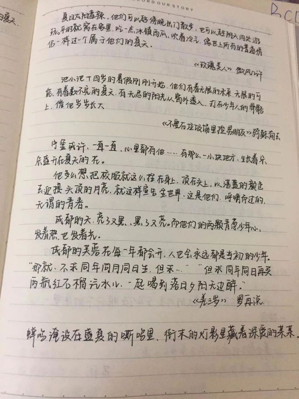 手写摘抄|原耽里的夏天    	 夏天和少年永不落幕.