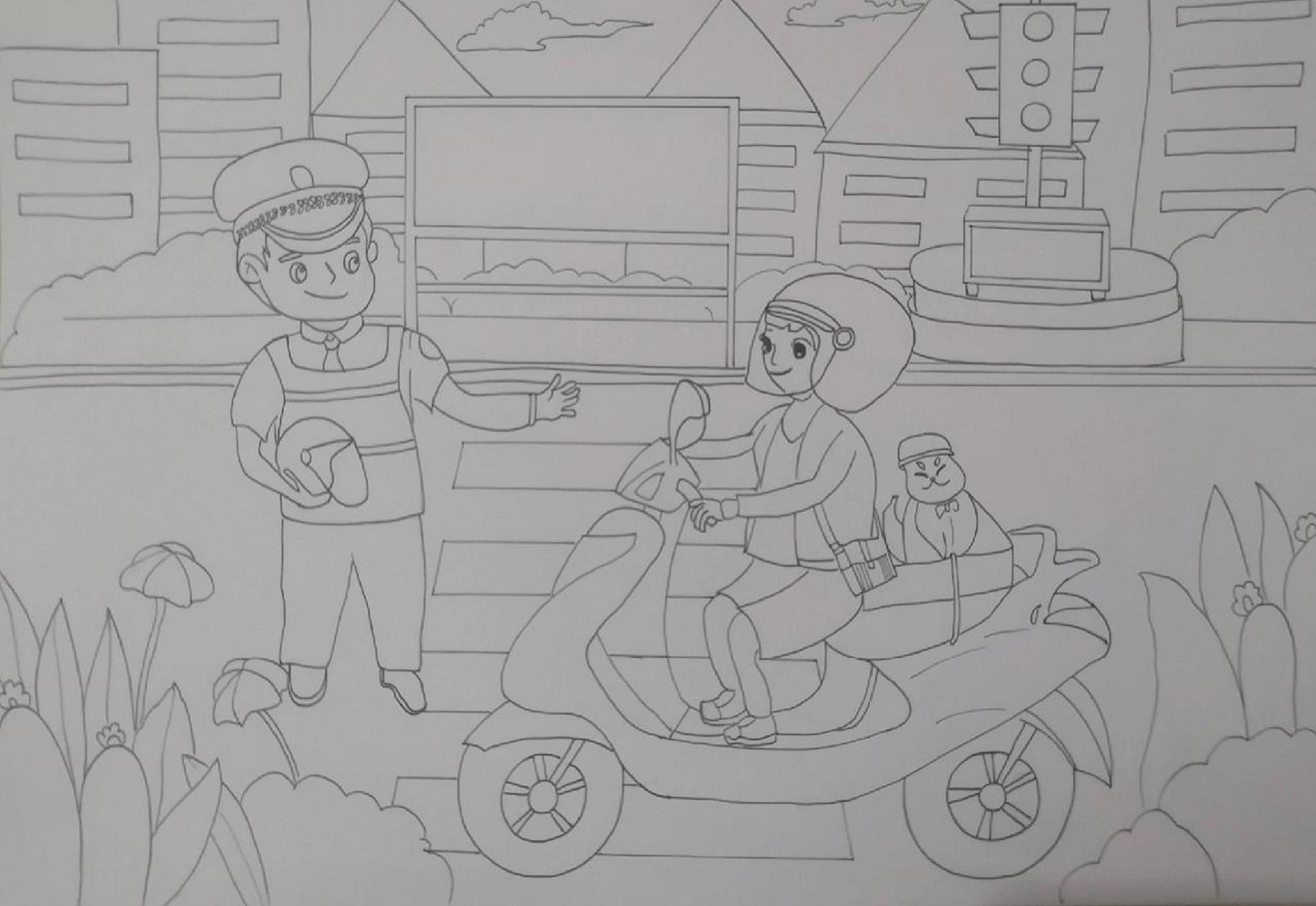 15/100安全主题画—《一盔一带》 交通安全第一条,带好头盔要记牢(内